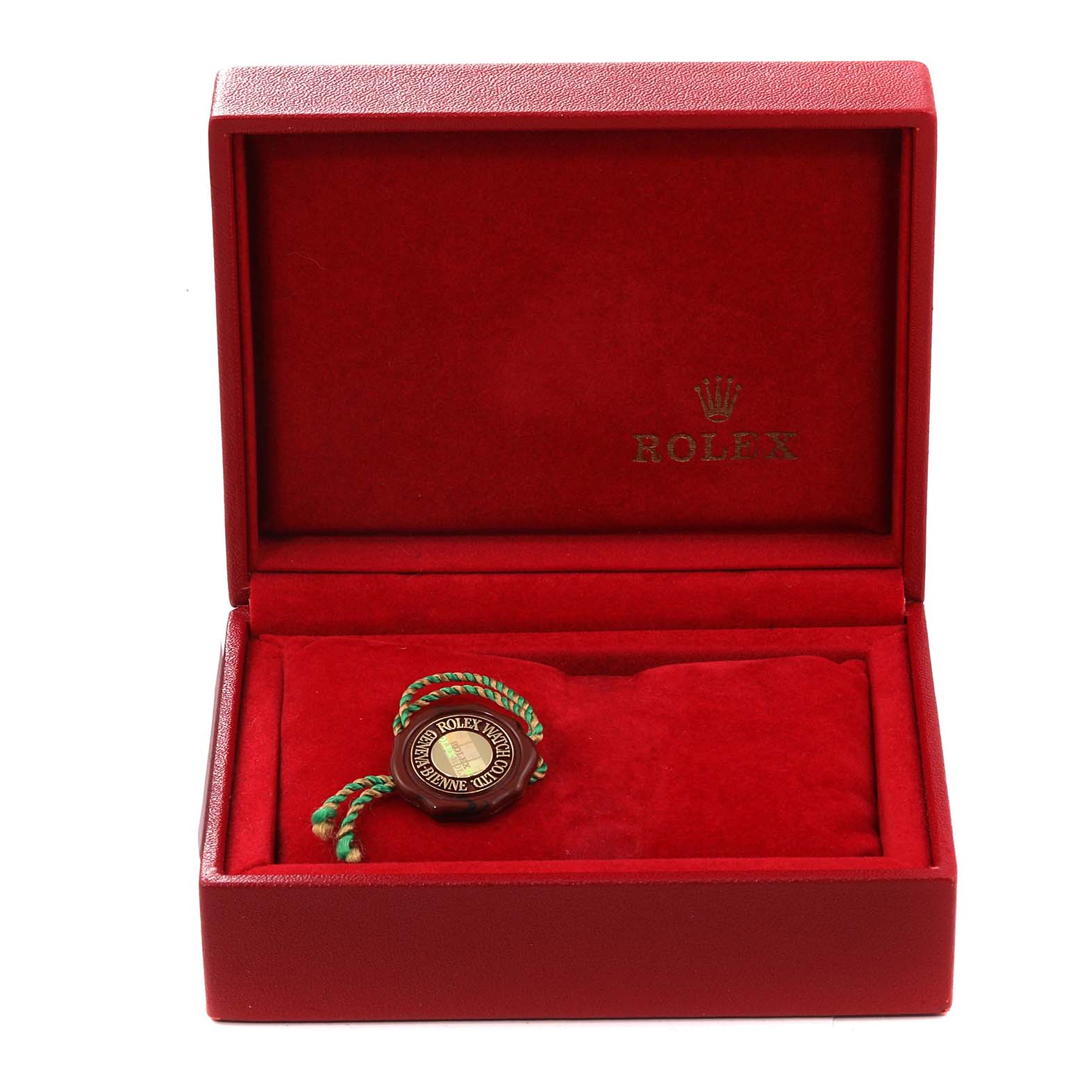 The image shows a red Rolex box with a Rolex Datejust 79173 Women's Steel and Gold (two tone) Blue Dial 79173 Women's Steel and Gold (two tone) Blue Dial tag and green string inside.