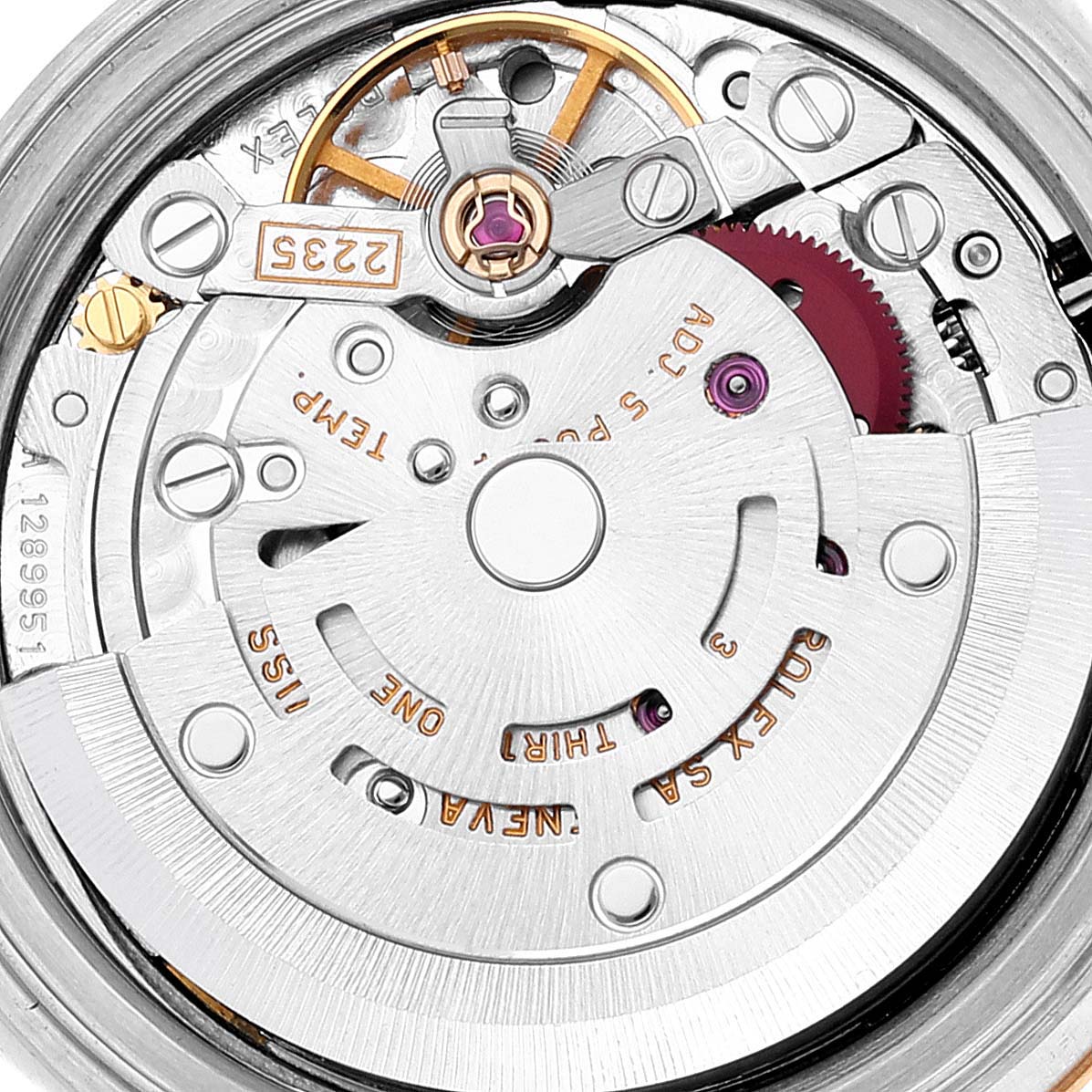 This image shows the intricate internal mechanisms of a Rolex Datejust 79173 Women's Steel and Gold (two tone) Blue Dial 79173 Women's Steel and Gold (two tone) Blue Dial watch, focusing on the movement parts.