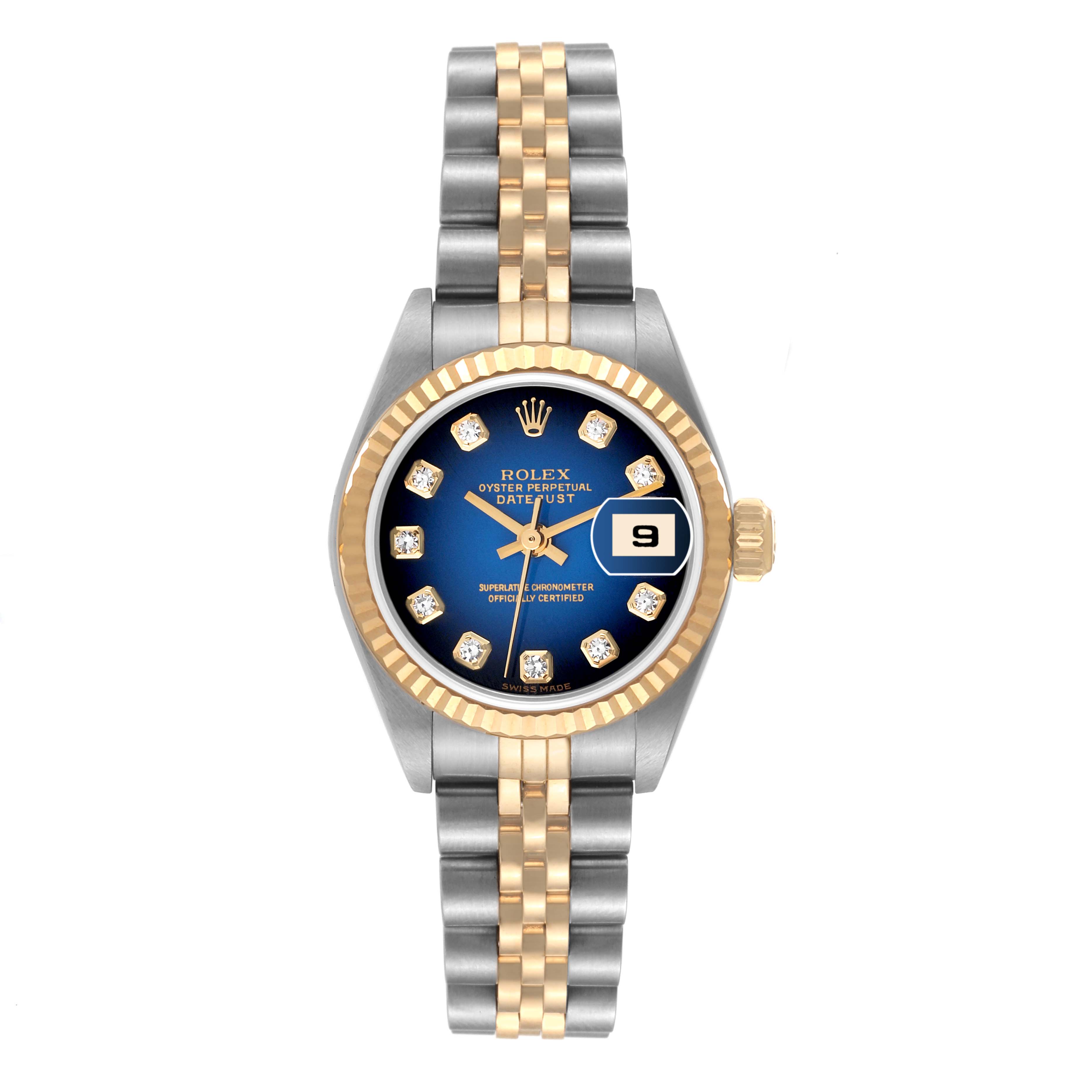 The Rolex Datejust 79173 Women's Steel and Gold (two tone) Blue Dial 79173 Women's Steel and Gold (two tone) Blue Dial watch is shown from a front angle, displaying its face, bezel, dial, and bracelet.
