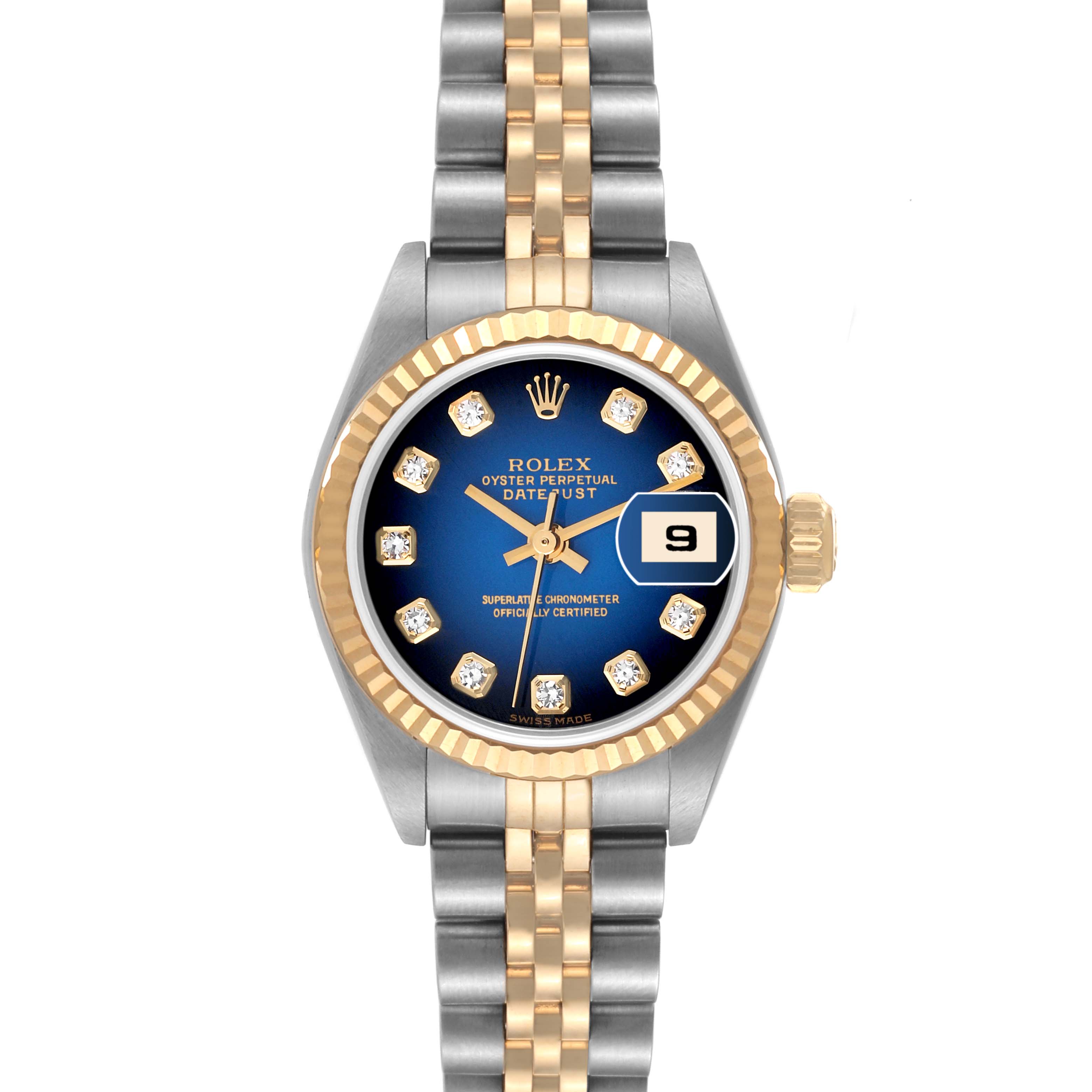 The image shows a front view of a Rolex Datejust 79173 Women's Steel and Gold (two tone) Blue Dial 79173 Women's Steel and Gold (two tone) Blue Dial watch, highlighting its two-tone bracelet, fluted bezel, and blue dial with date display.