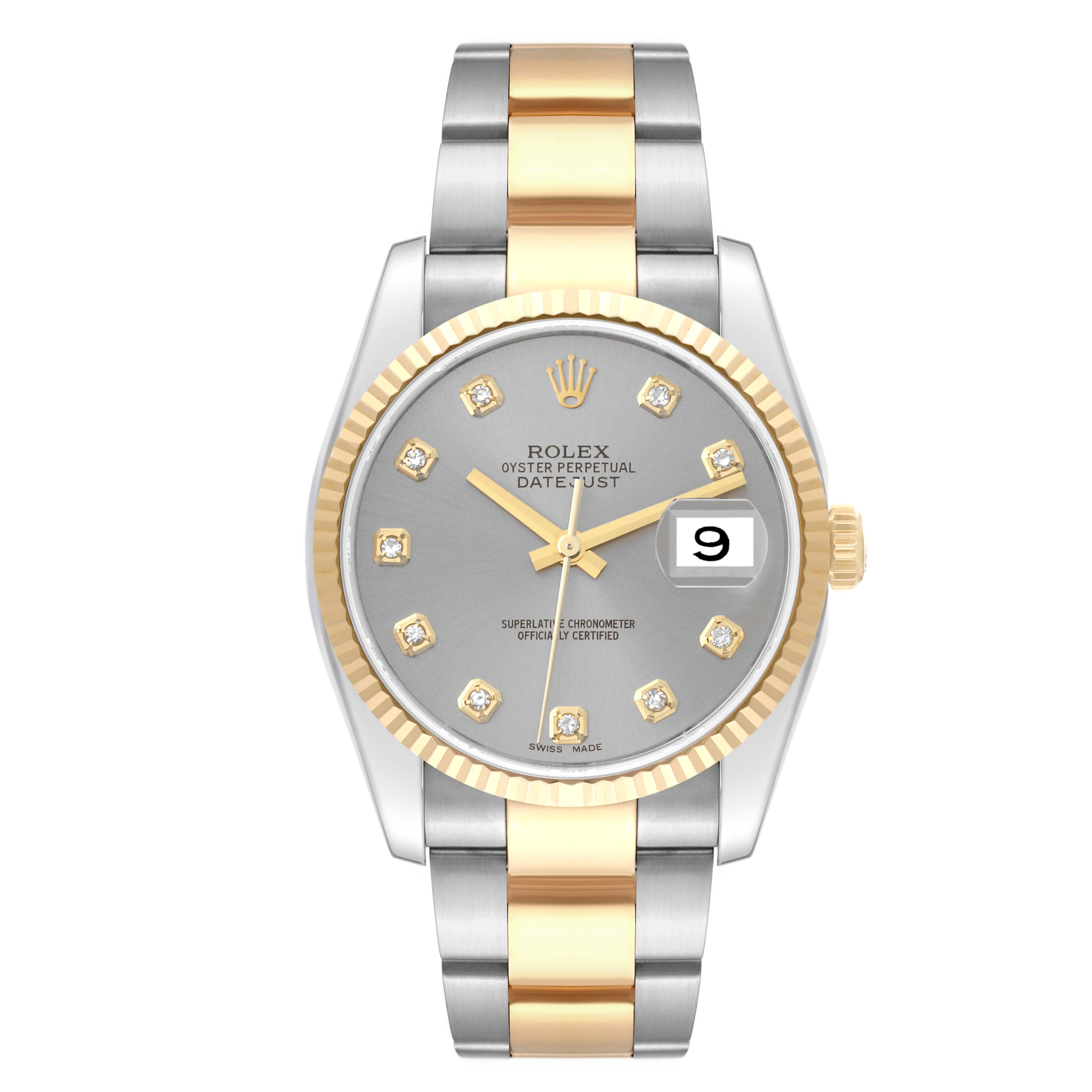 The image shows a frontal view of a Rolex Datejust 116233 Men's Steel and Gold (two tone) Silver Dial 116233 Men's Steel and Gold (two tone) Silver Dial watch with a two-tone bracelet and a date display.