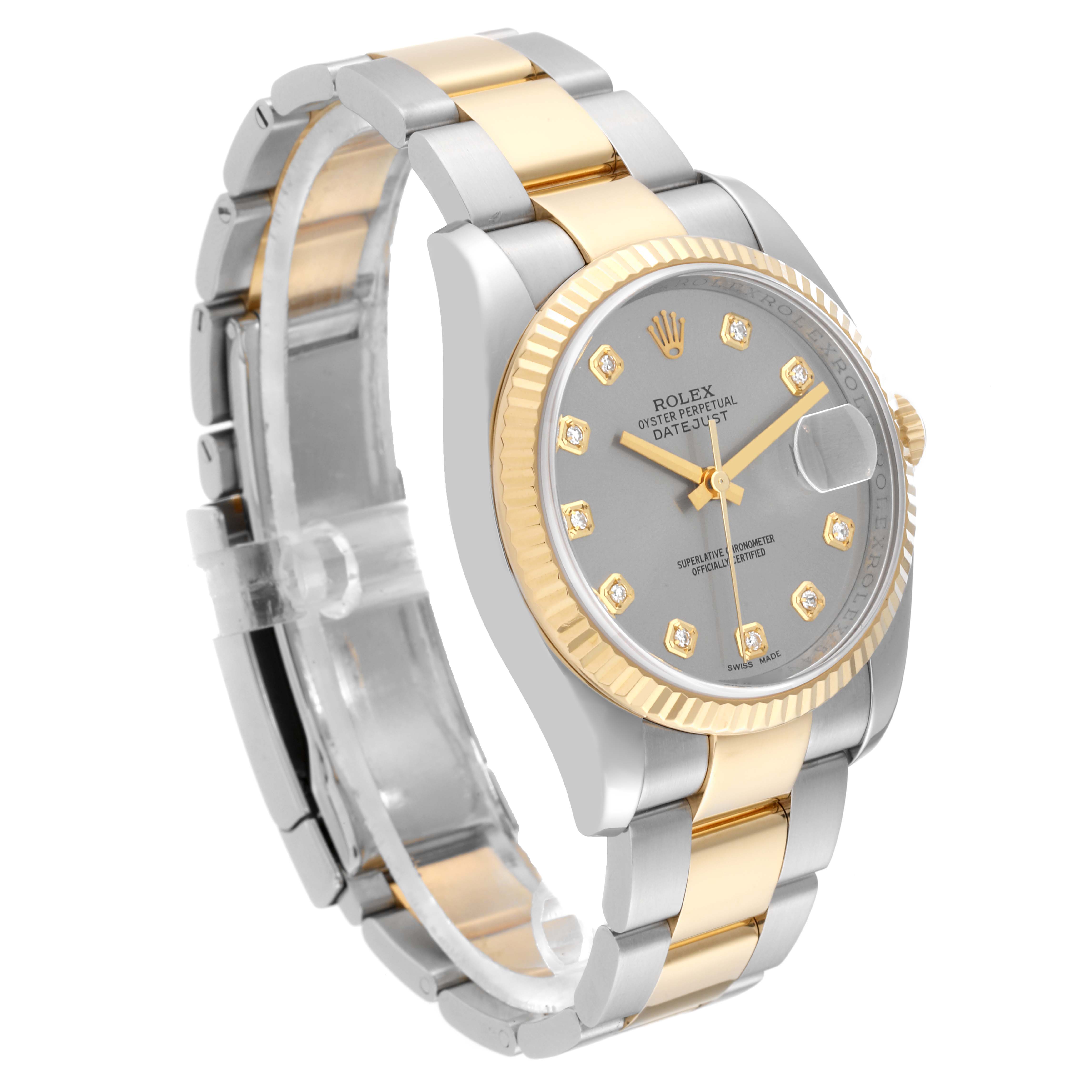 This image shows a Rolex Datejust 116233 Men's Steel and Gold (two tone) Silver Dial 116233 Men's Steel and Gold (two tone) Silver Dial watch at a three-quarter angle, highlighting the dual-tone bracelet and diamond bezel.