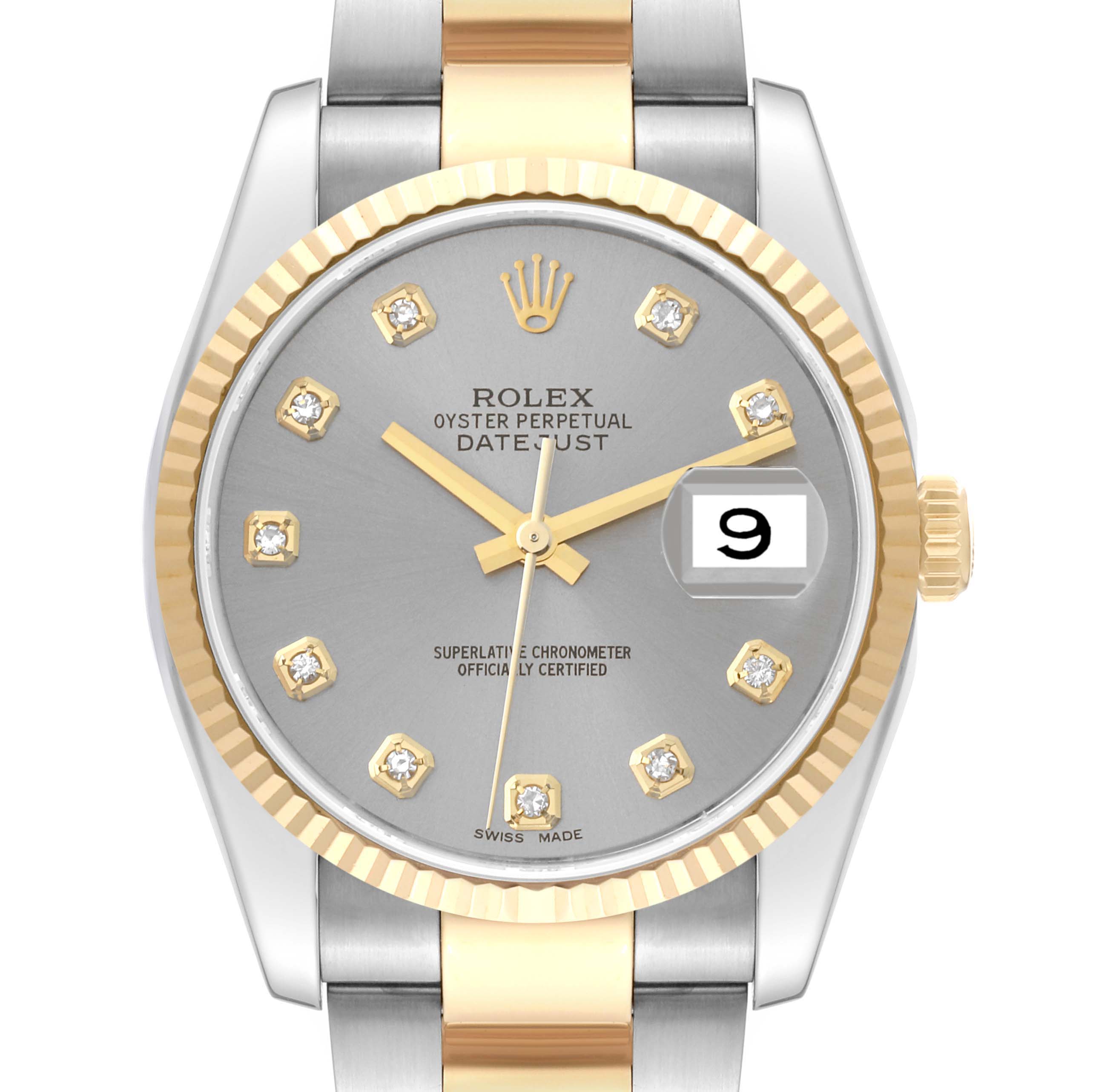 This image shows a front view of the Rolex Datejust 116233 Men's Steel and Gold (two tone) Silver Dial 116233 Men's Steel and Gold (two tone) Silver Dial watch, featuring a grey dial, gold markers, and a two-tone bracelet.