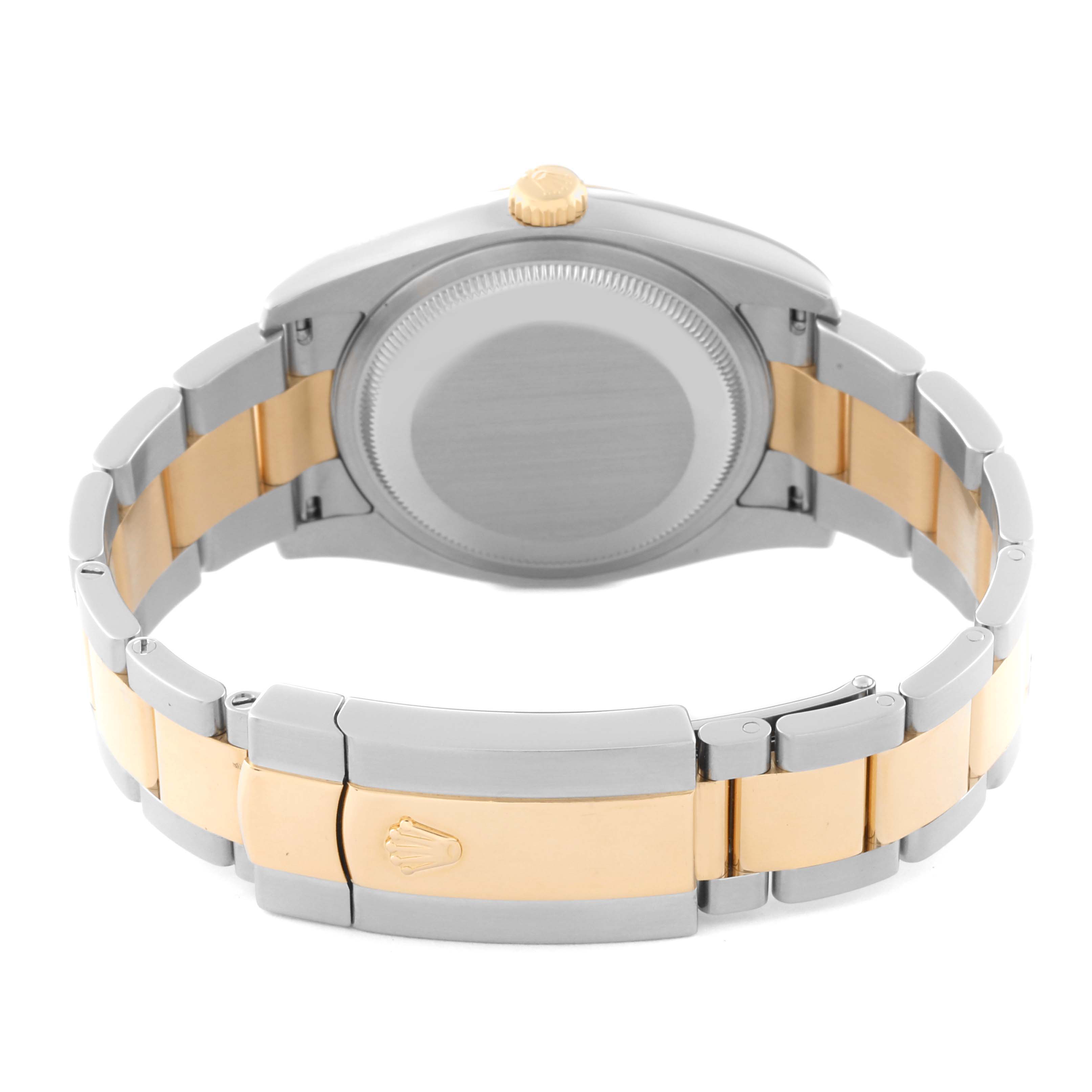 The image shows the rear view of a Rolex Datejust 116233 Men's Steel and Gold (two tone) Silver Dial 116233 Men's Steel and Gold (two tone) Silver Dial watch, highlighting the case back, crown, and bracelet with the clasp.