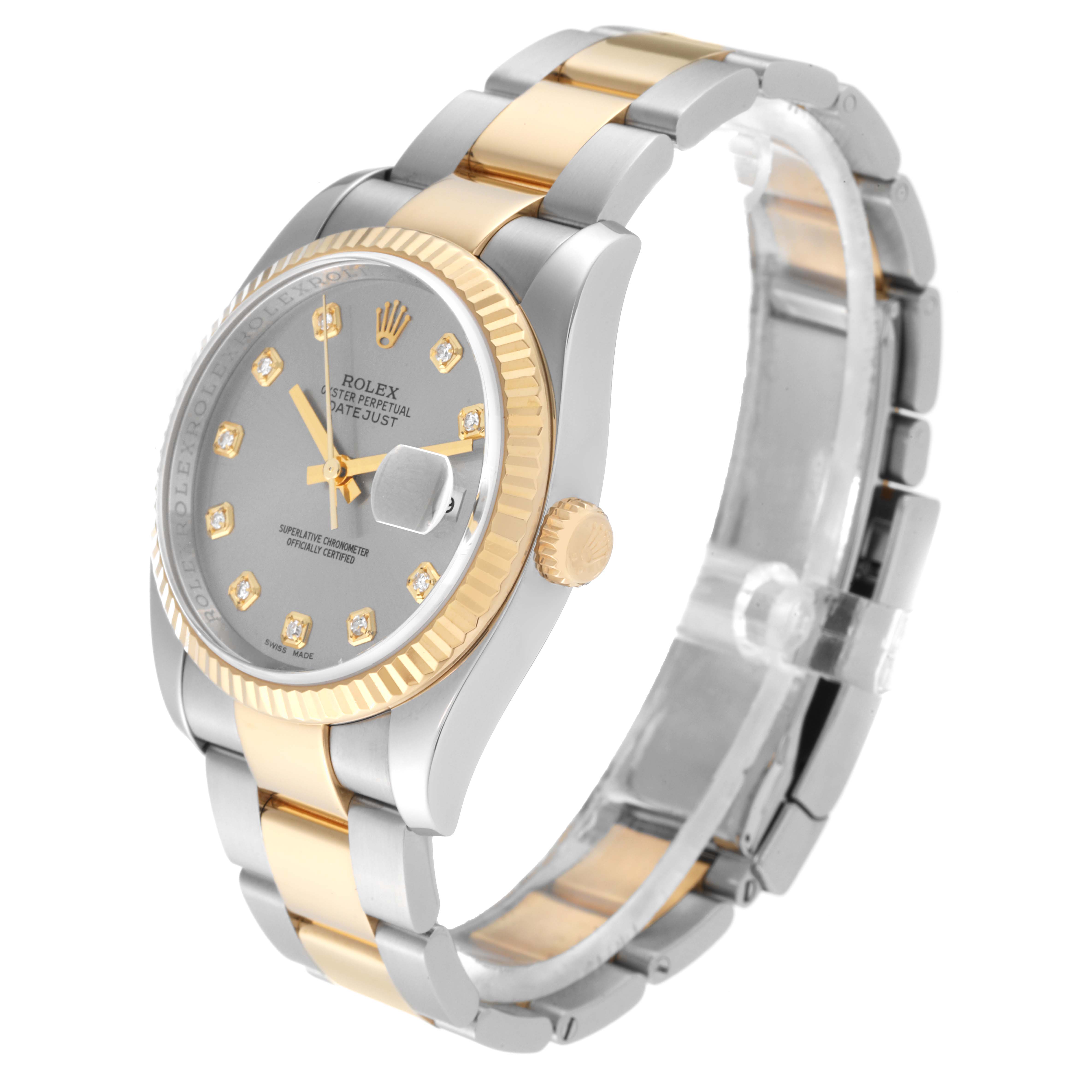 The Rolex Datejust 116233 Men's Steel and Gold (two tone) Silver Dial 116233 Men's Steel and Gold (two tone) Silver Dial watch is shown from a slight right-side angle, displaying its bezel, crown, dial, and bracelet.