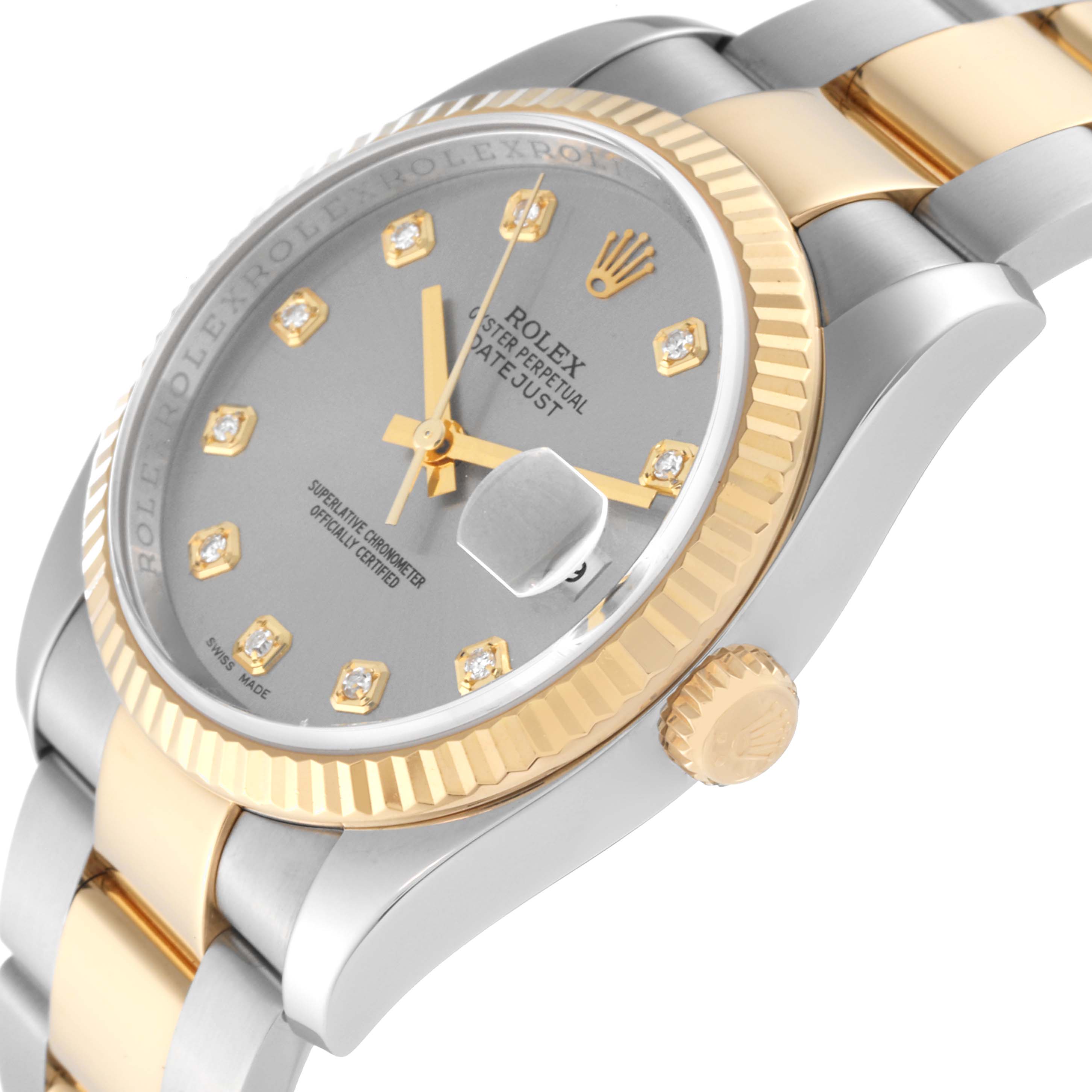 This is a close-up angle showing the face, bezel, and part of the bracelet of the Rolex Datejust 116233 Men's Steel and Gold (two tone) Silver Dial 116233 Men's Steel and Gold (two tone) Silver Dial watch.