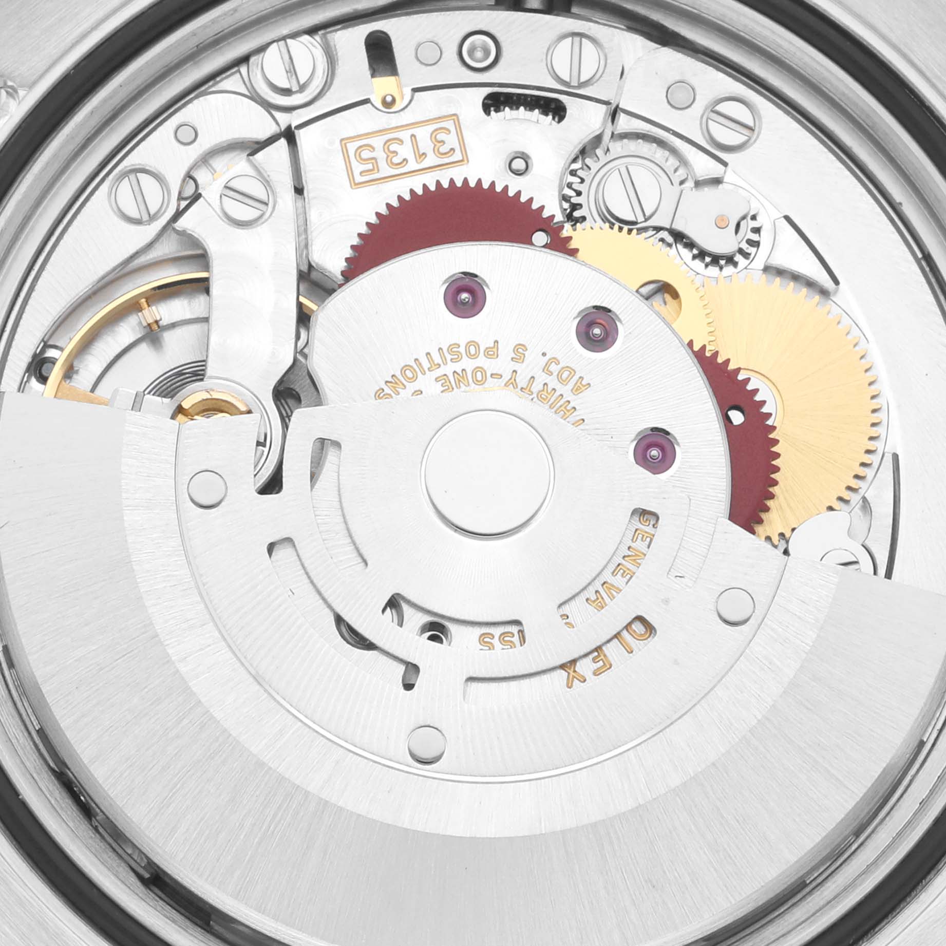 The image shows the inner mechanism and movement components of a Rolex Datejust 116233 Men's Steel and Gold (two tone) Silver Dial 116233 Men's Steel and Gold (two tone) Silver Dial watch at a close-up angle.