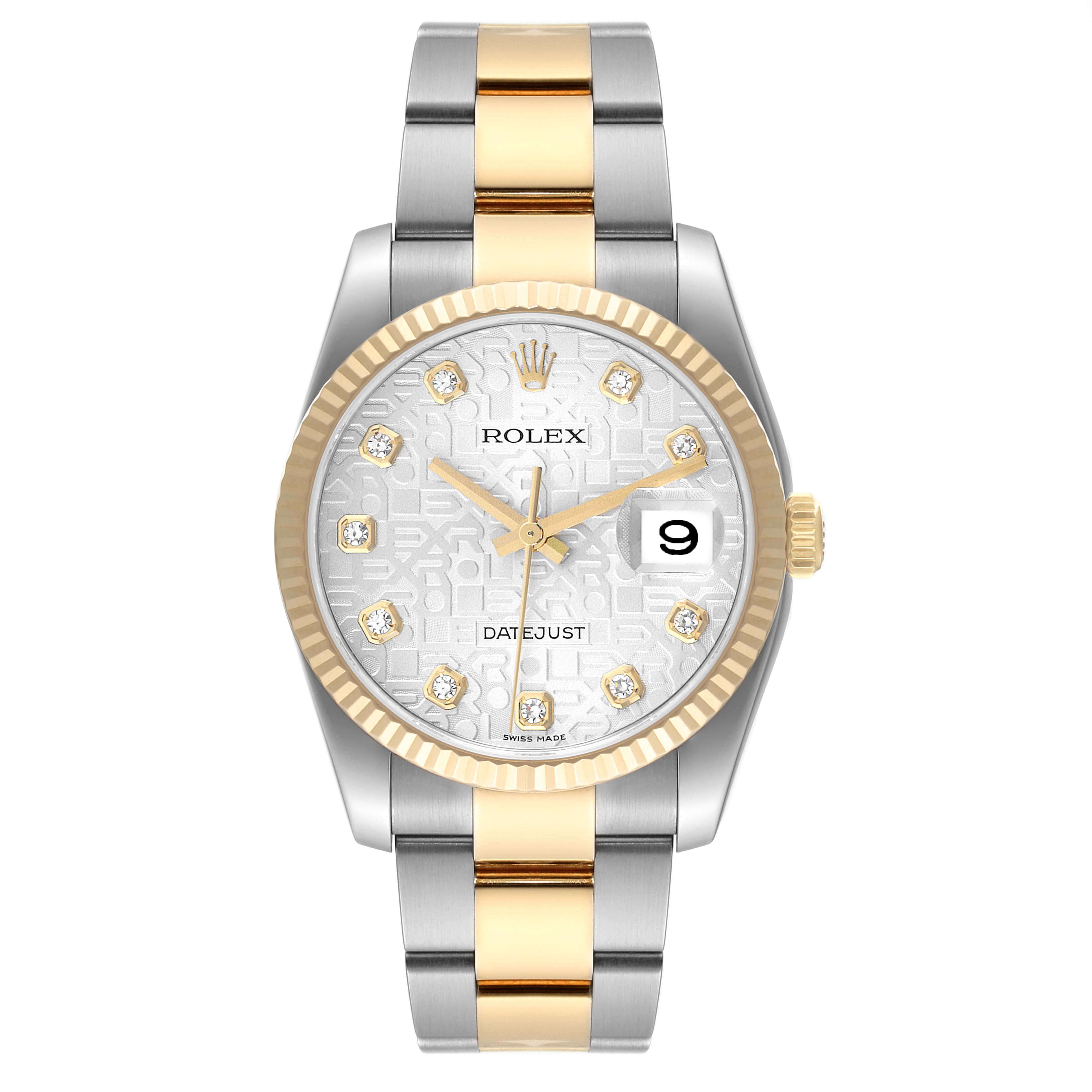 The image shows a front view of a Rolex Datejust 116233 Men's Steel and Gold (two tone) Silver Dial 116233 Men's Steel and Gold (two tone) Silver Dial watch, highlighting its two-tone band, dial, hands, and date window.