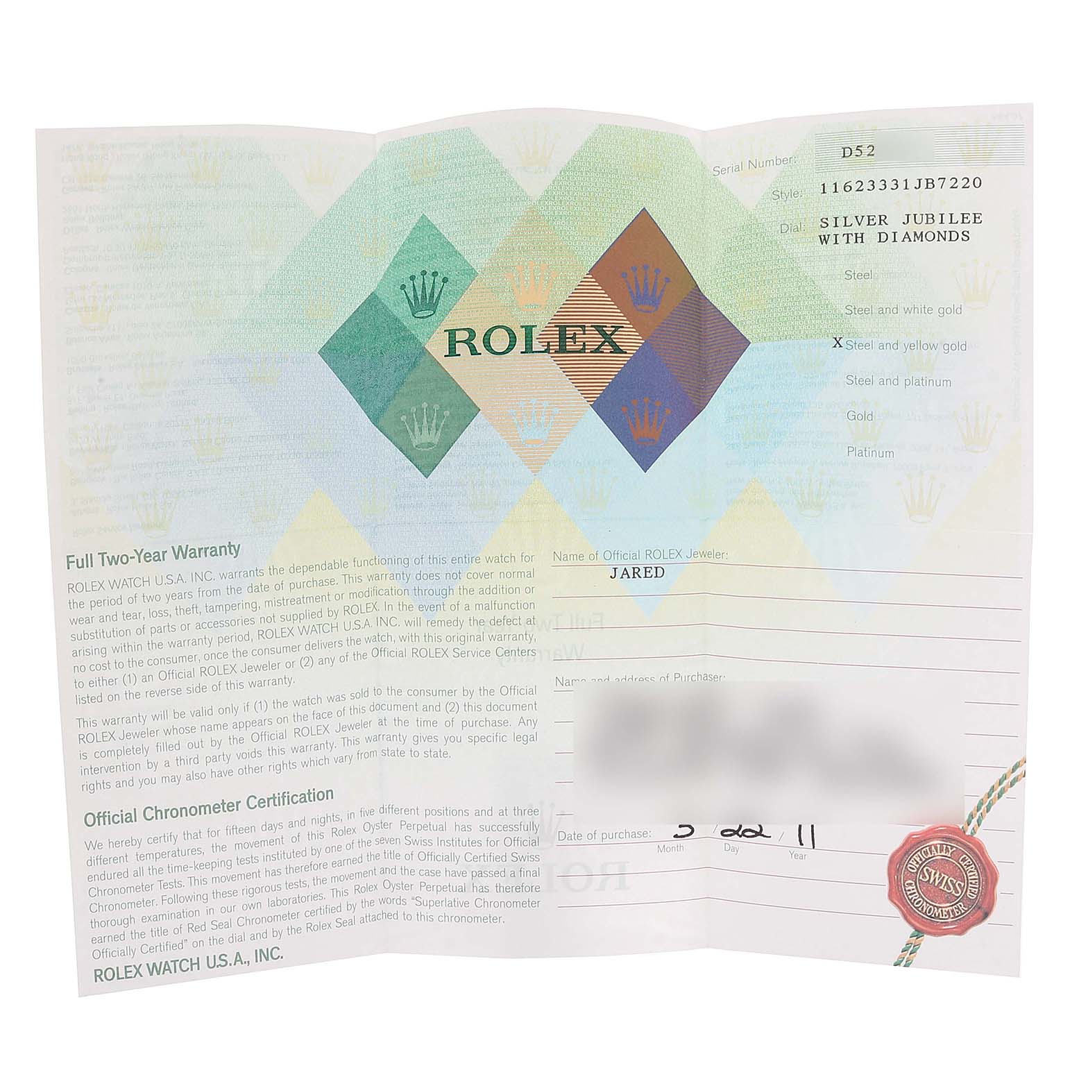 The image shows the warranty and certification paper for a Rolex Datejust 116233 Men's Steel and Gold (two tone) Silver Dial 116233 Men's Steel and Gold (two tone) Silver Dial model watch.