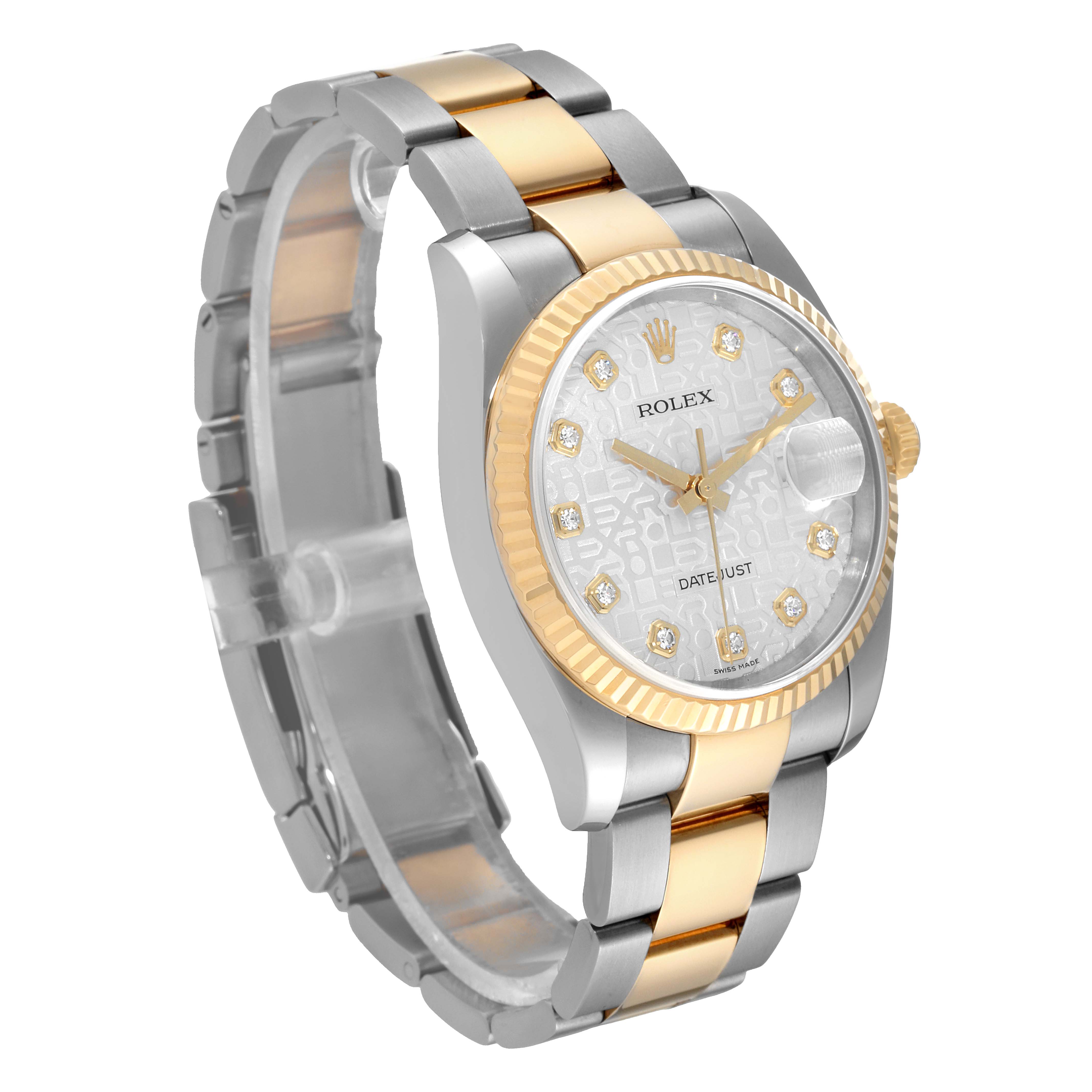 This image shows a Rolex Datejust 116233 Men's Steel and Gold (two tone) Silver Dial 116233 Men's Steel and Gold (two tone) Silver Dial watch at a three-quarter angle, displaying the face, bezel, and bracelet.