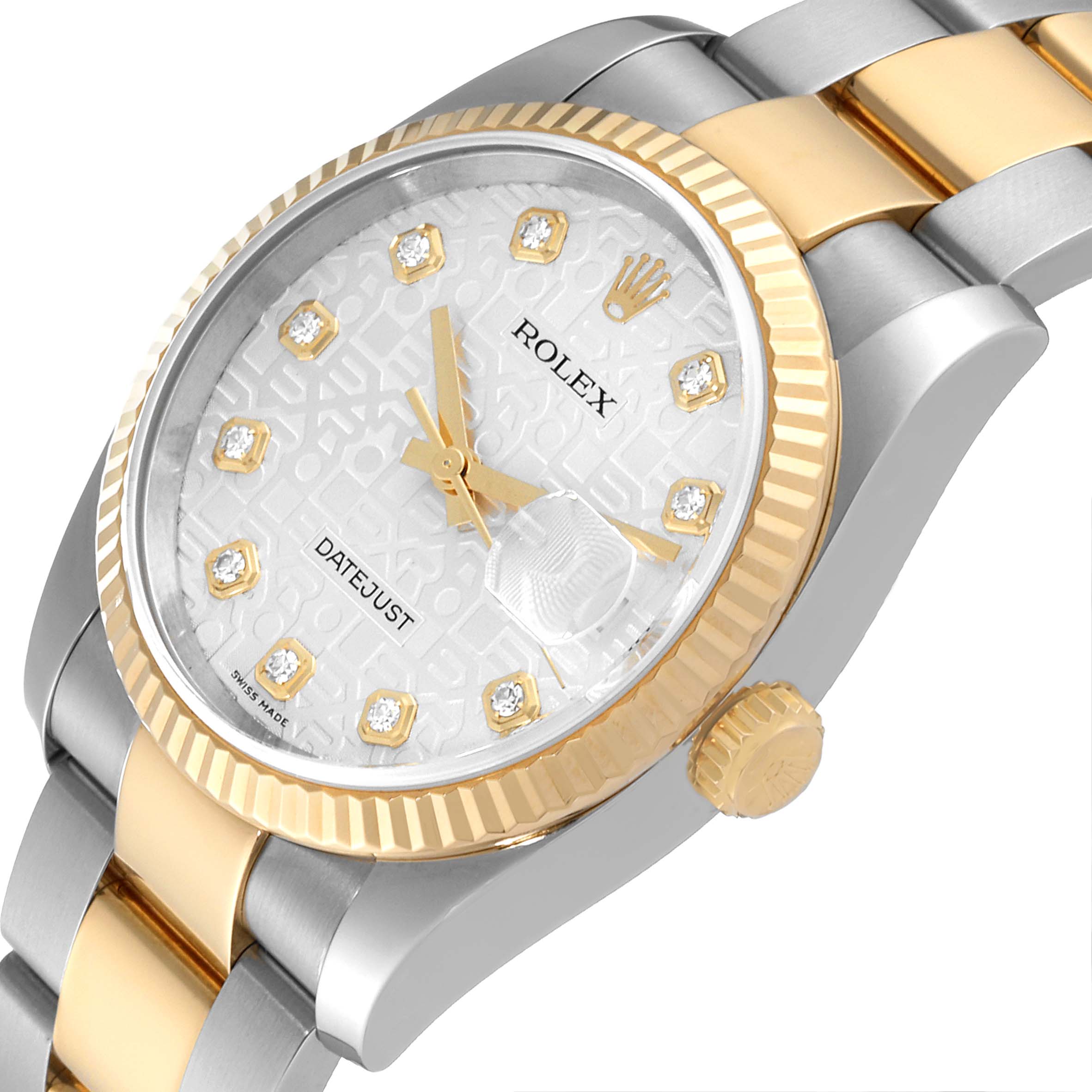 This image shows a close-up angle of the Rolex Datejust 116233 Men's Steel and Gold (two tone) Silver Dial 116233 Men's Steel and Gold (two tone) Silver Dial watch, highlighting its dial, bezel, crown, and bracelet.