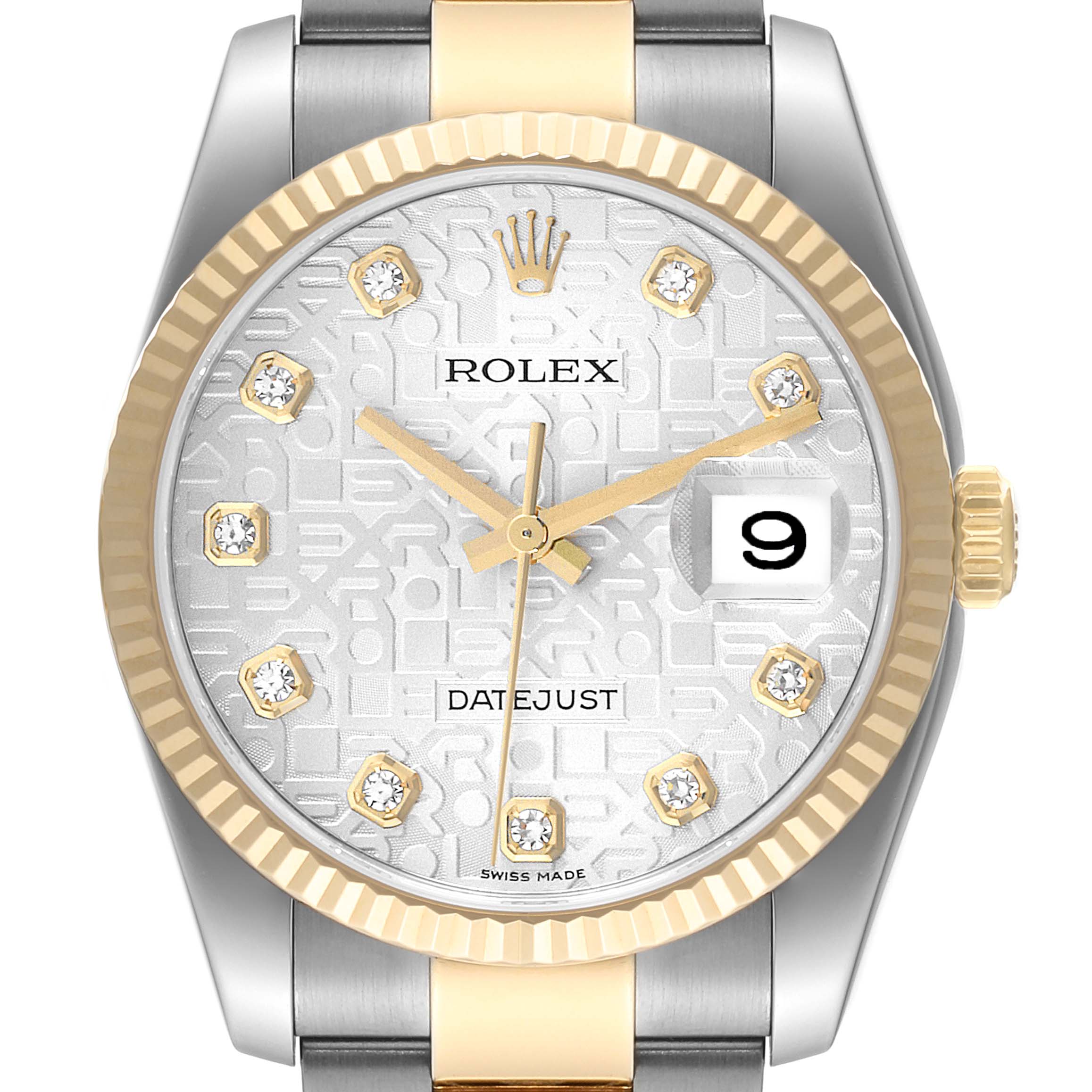 This image shows a front view of a Rolex Datejust 116233 Men's Steel and Gold (two tone) Silver Dial 116233 Men's Steel and Gold (two tone) Silver Dial watch, highlighting its dial, hands, date display, and bezel.