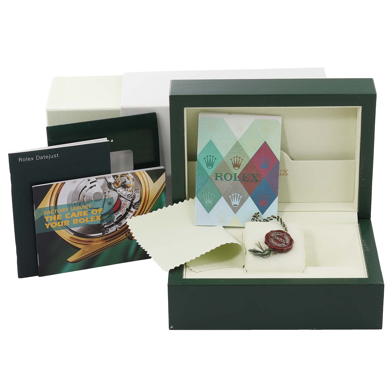 The image shows a Rolex Datejust 116233 Men's Steel and Gold (two tone) Silver Dial 116233 Men's Steel and Gold (two tone) Silver Dial watch box, warranty card, booklets, cleaning cloth, and tag.