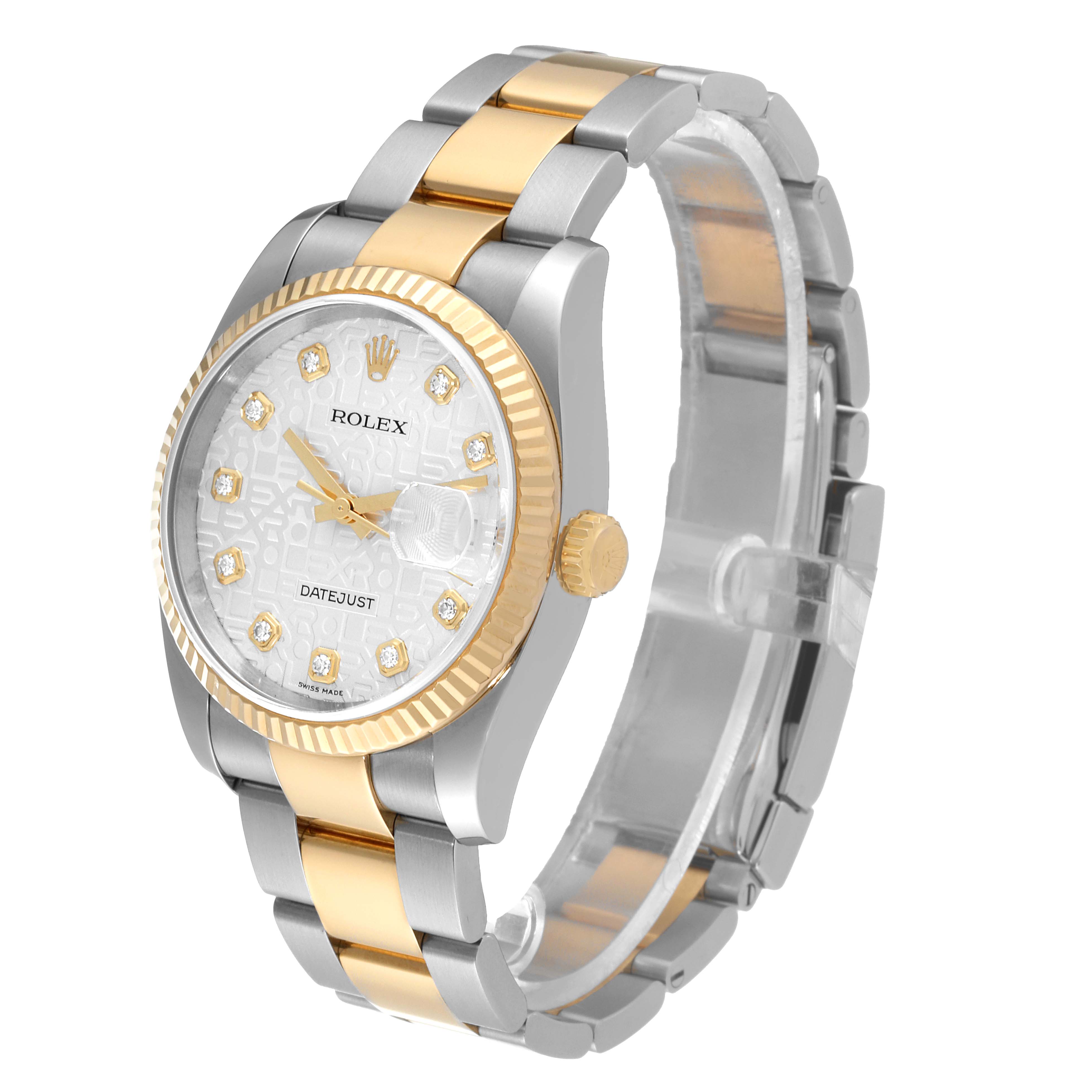 The image shows a Rolex Datejust 116233 Men's Steel and Gold (two tone) Silver Dial 116233 Men's Steel and Gold (two tone) Silver Dial watch angled from the front-left, displaying the dial, bezel, and bracelet.