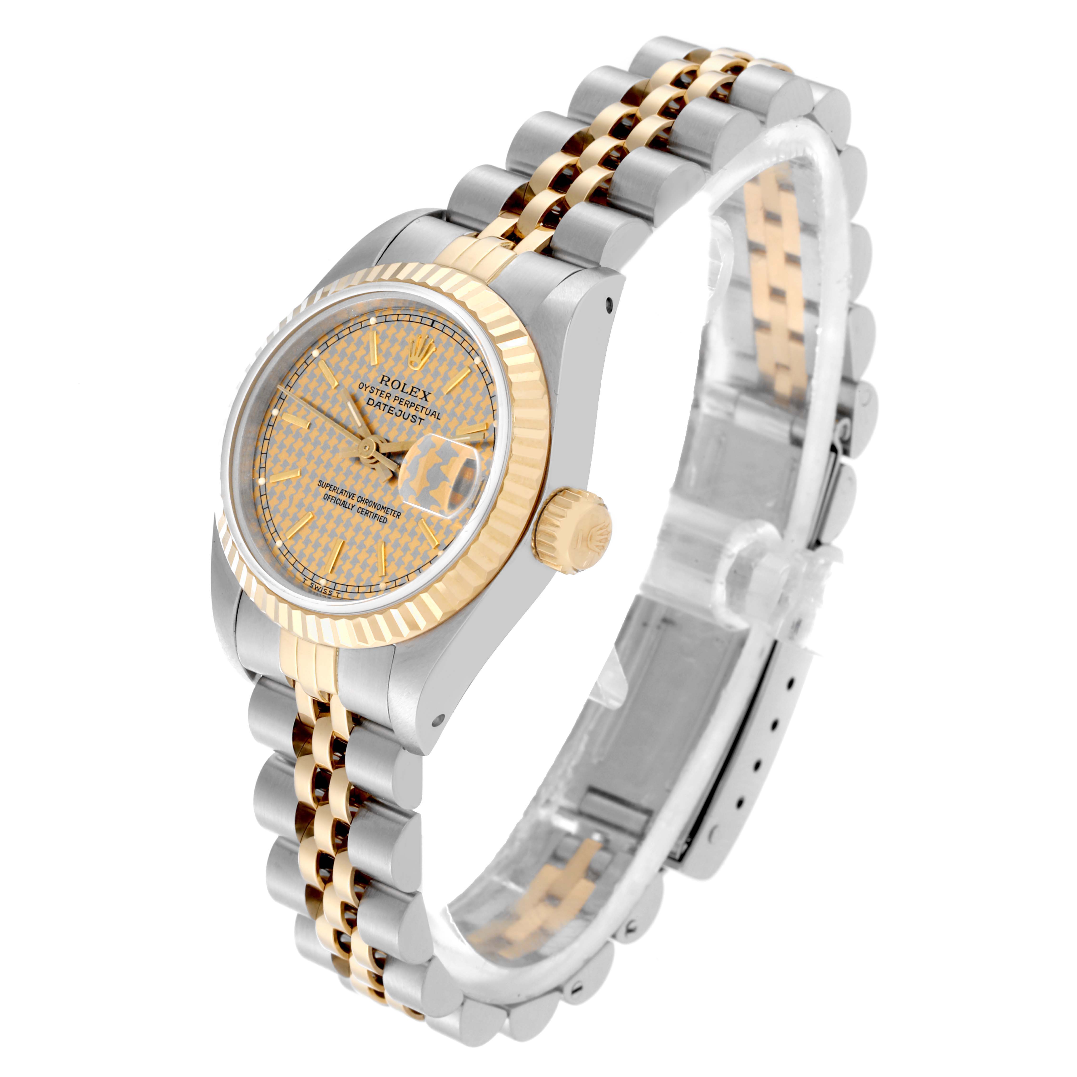 The image shows a side angle of the Rolex Datejust 69173 Women's Steel and Gold (two tone) Champagne Dial 69173 Women's Steel and Gold (two tone) Champagne Dial model, highlighting the face, bezel, crown, and bracelet.