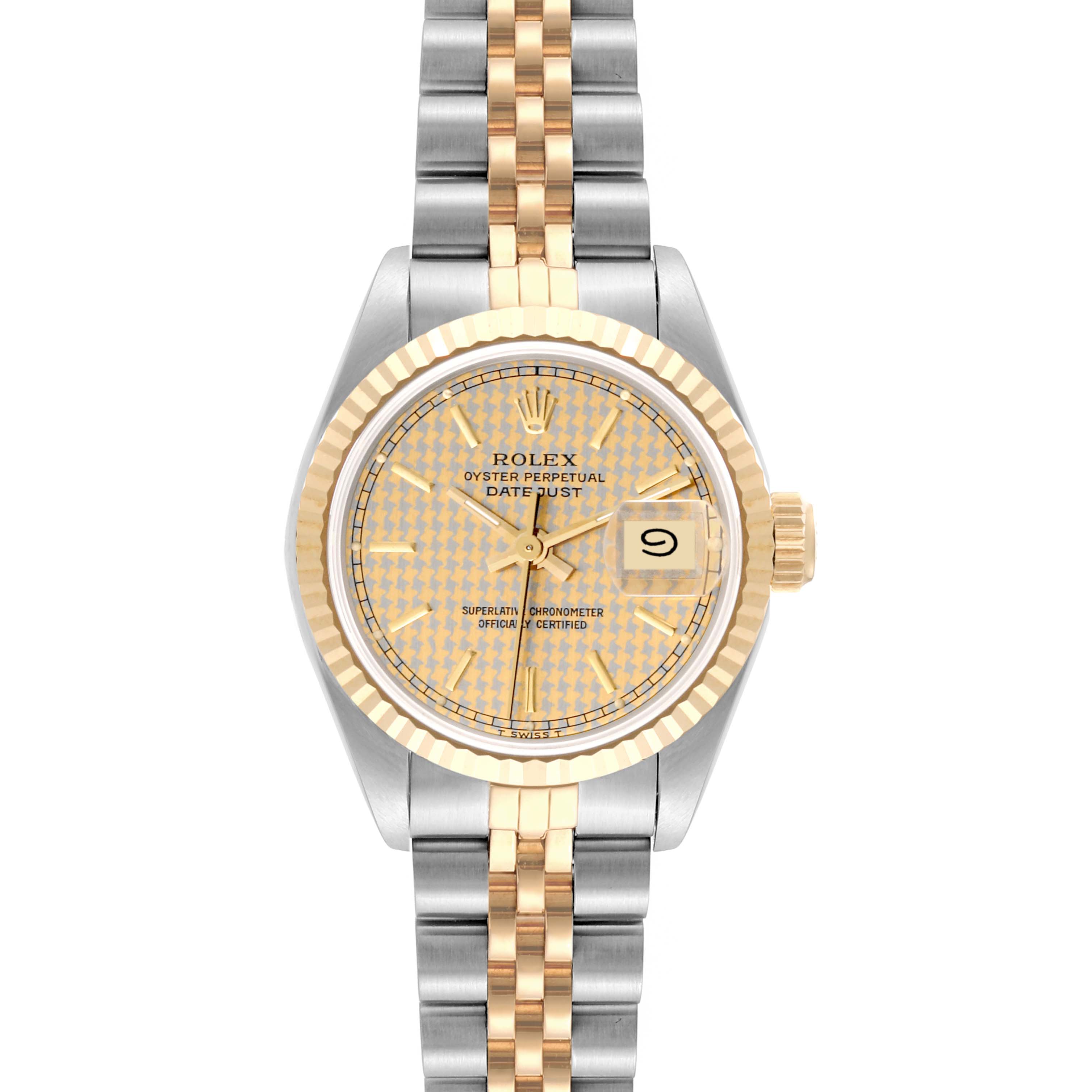 This image shows a front view of a Rolex Datejust 69173 Women's Steel and Gold (two tone) Champagne Dial 69173 Women's Steel and Gold (two tone) Champagne Dial watch, featuring a gold and silver bracelet and a gold fluted bezel.
