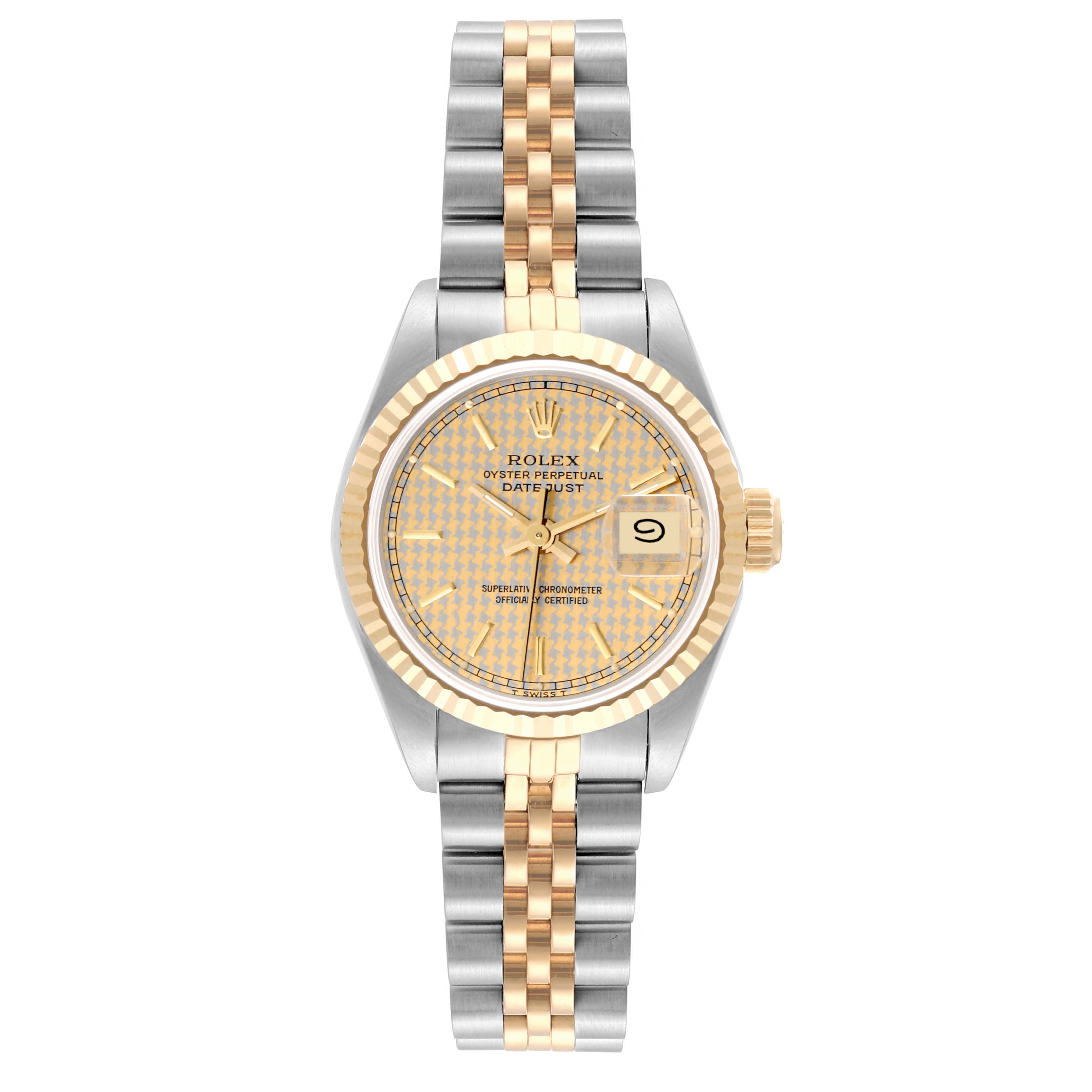 This image shows a frontal view of a Rolex Datejust 69173 Women's Steel and Gold (two tone) Champagne Dial 69173 Women's Steel and Gold (two tone) Champagne Dial watch, highlighting the two-tone bracelet and dial with a date display.
