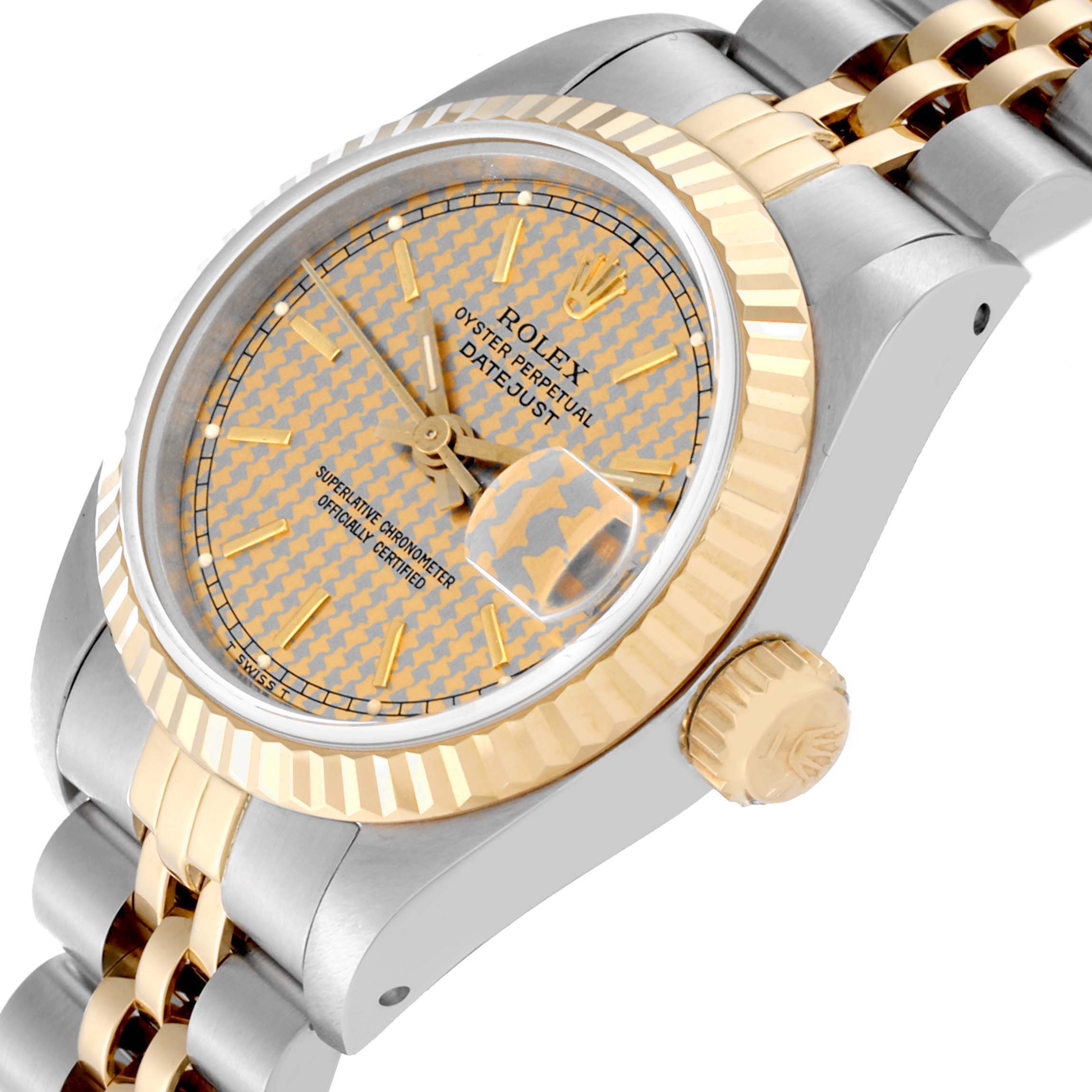 The Rolex Datejust 69173 Women's Steel and Gold (two tone) Champagne Dial 69173 Women's Steel and Gold (two tone) Champagne Dial watch is shown at a slight angle, highlighting its dial, bezel, crown, and a portion of the bracelet.