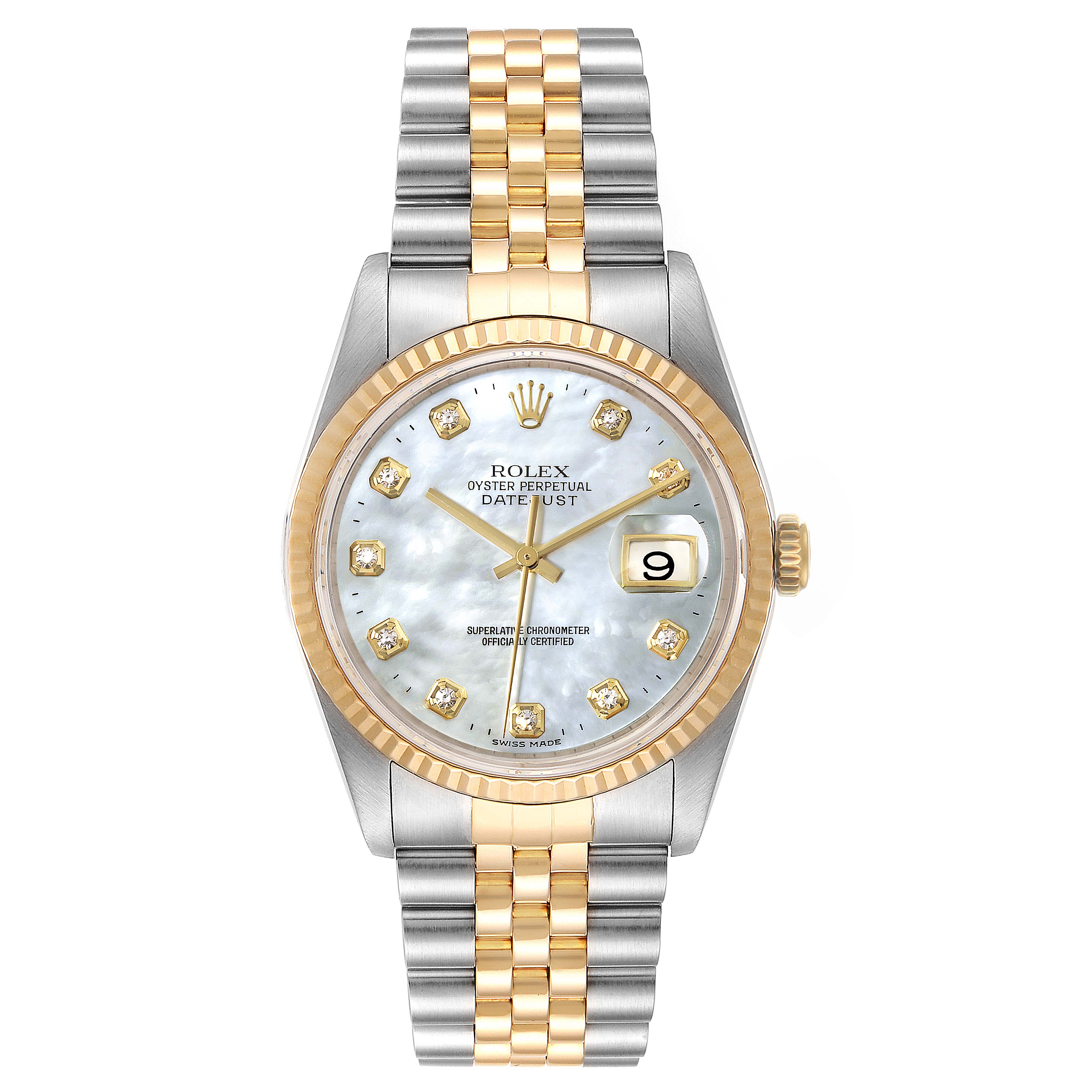The image shows a front view of a Rolex Datejust 16233 Men's Steel and Gold (two tone) Mother of Pearl Dial 16233 Men's Steel and Gold (two tone) Mother of Pearl Dial watch with a two-tone band and a mother-of-pearl dial with diamond markers.