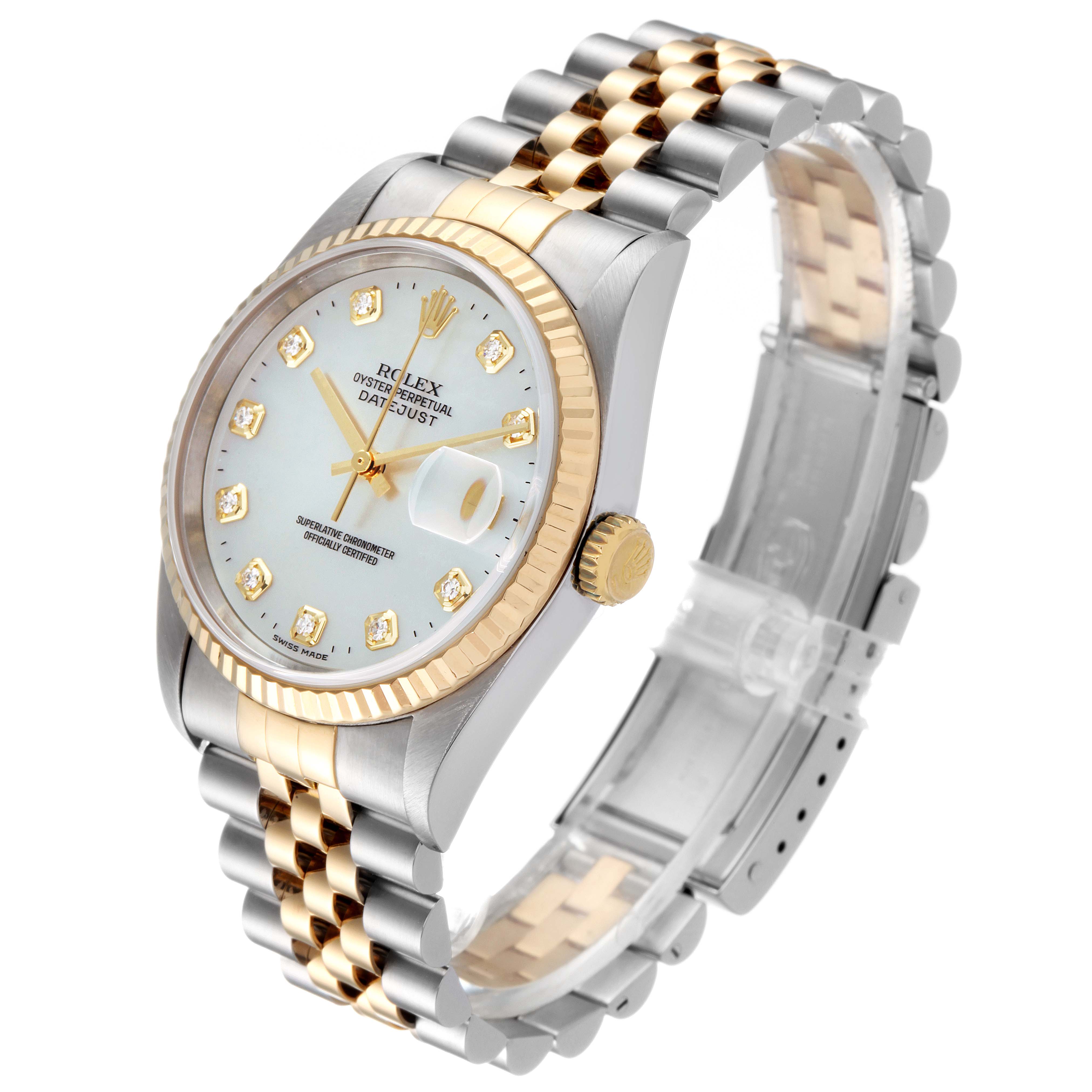 The Rolex Datejust 16233 Men's Steel and Gold (two tone) Mother of Pearl Dial 16233 Men's Steel and Gold (two tone) Mother of Pearl Dial watch is shown at a three-quarter angle, displaying its dial, bezel, crown, and Jubilee bracelet.