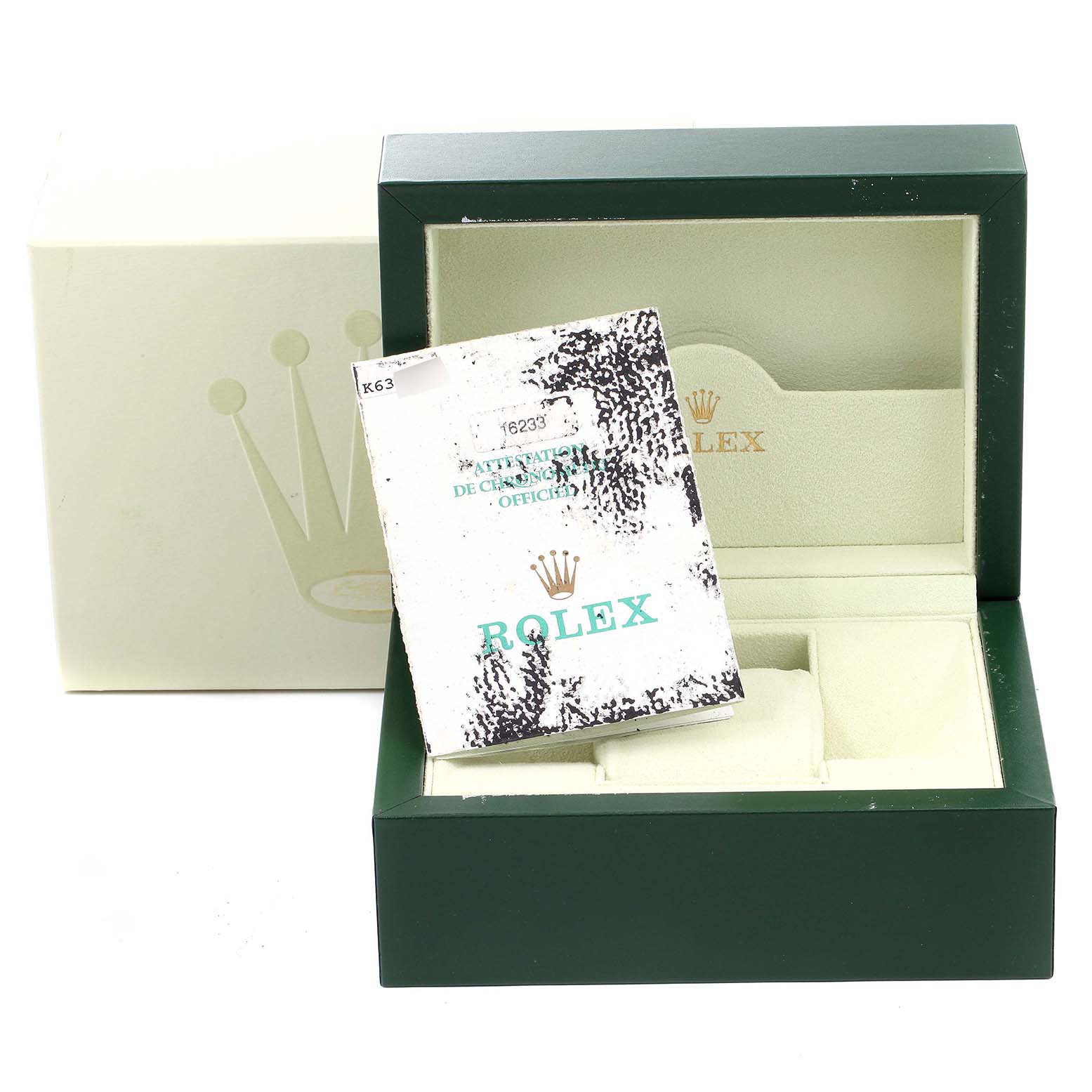 The image shows the packaging and manual for a Rolex Datejust 16233 Men's Steel and Gold (two tone) Mother of Pearl Dial 16233 Men's Steel and Gold (two tone) Mother of Pearl Dial watch, including an open green box and warranty booklet.