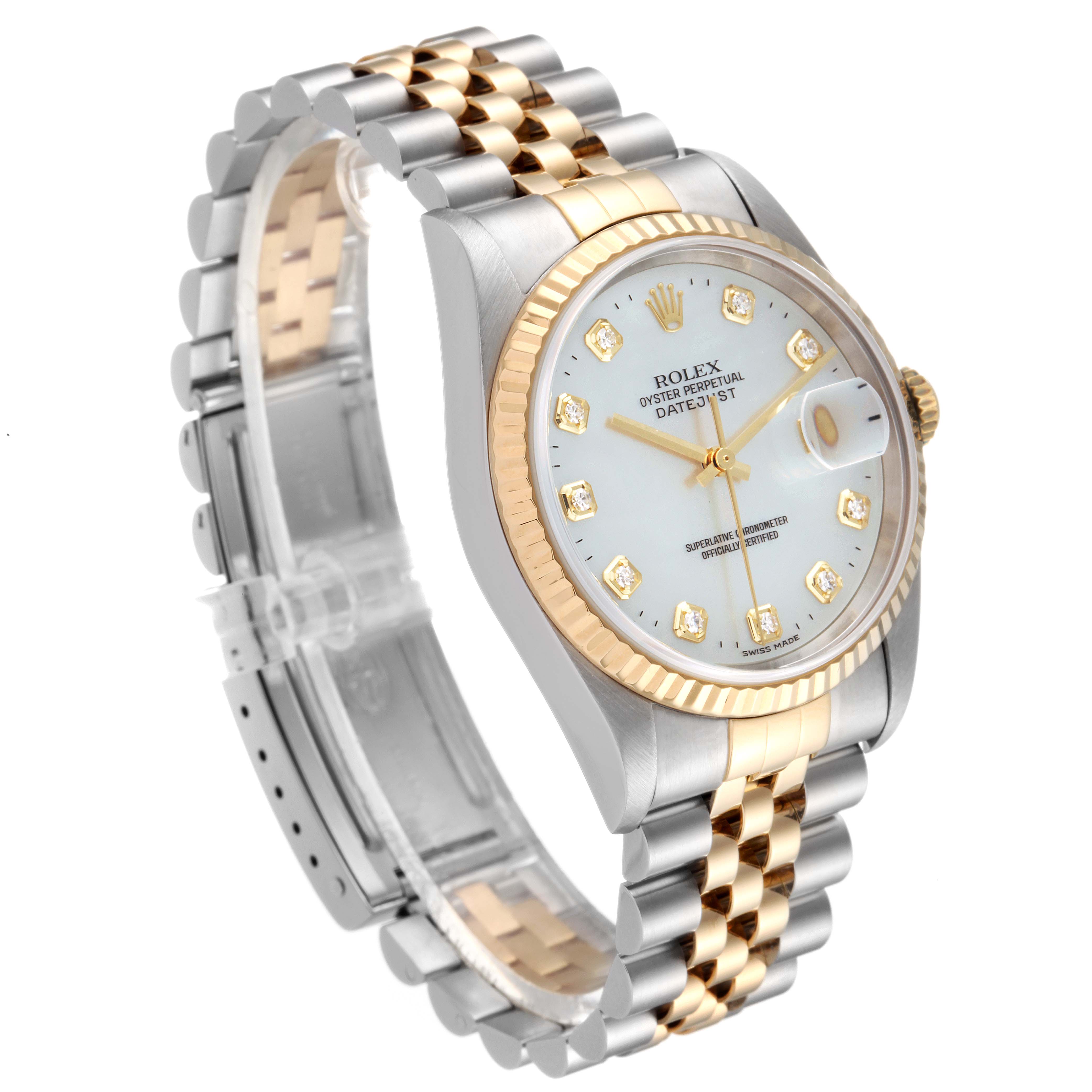 This image shows a side and front angle of a Rolex Datejust 16233 Men's Steel and Gold (two tone) Mother of Pearl Dial 16233 Men's Steel and Gold (two tone) Mother of Pearl Dial watch, highlighting its dial, bezel, and two-tone bracelet.