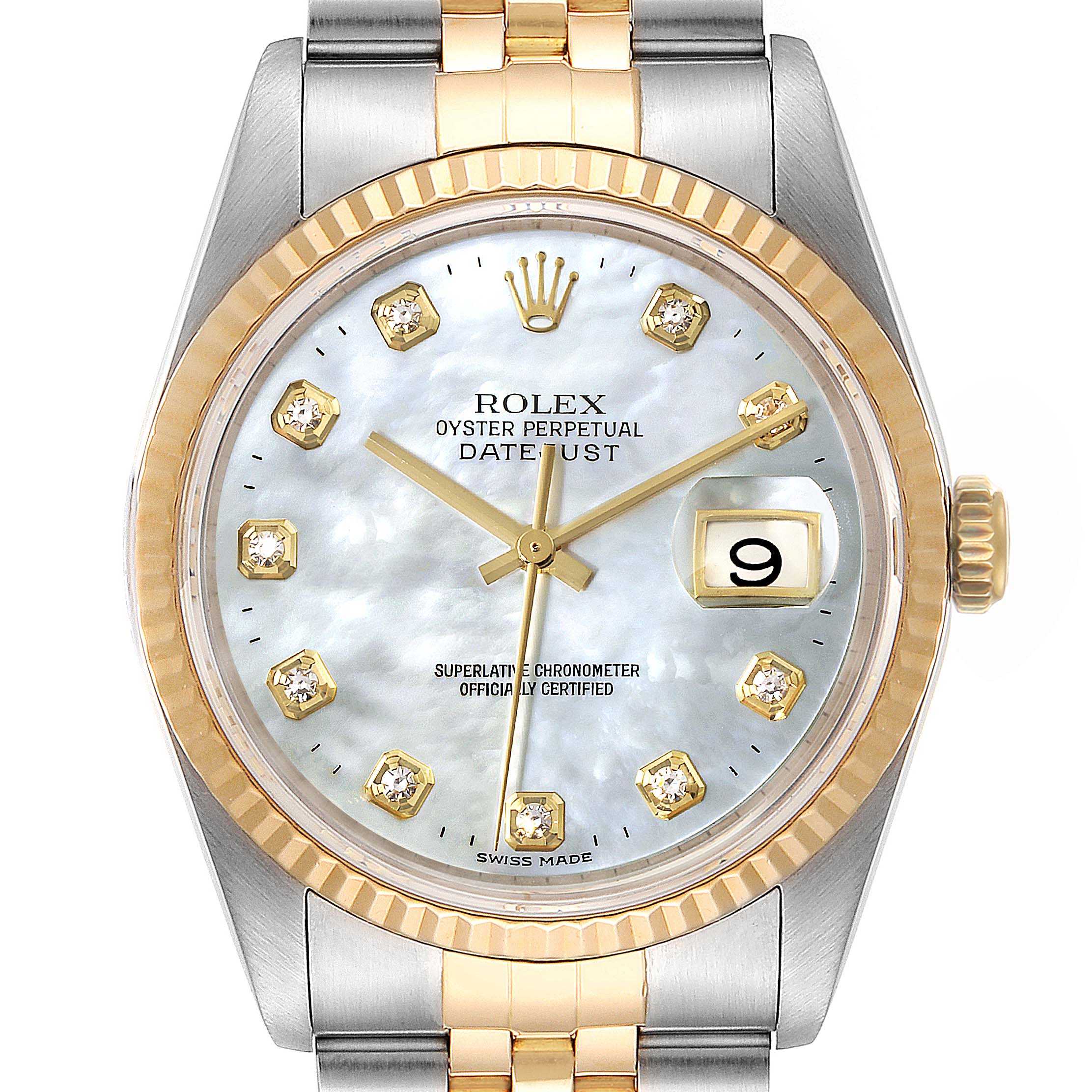 This image shows a front view of a Rolex Datejust 16233 Men's Steel and Gold (two tone) Mother of Pearl Dial 16233 Men's Steel and Gold (two tone) Mother of Pearl Dial watch, highlighting the dial, bezel, hour markers, and bracelet.