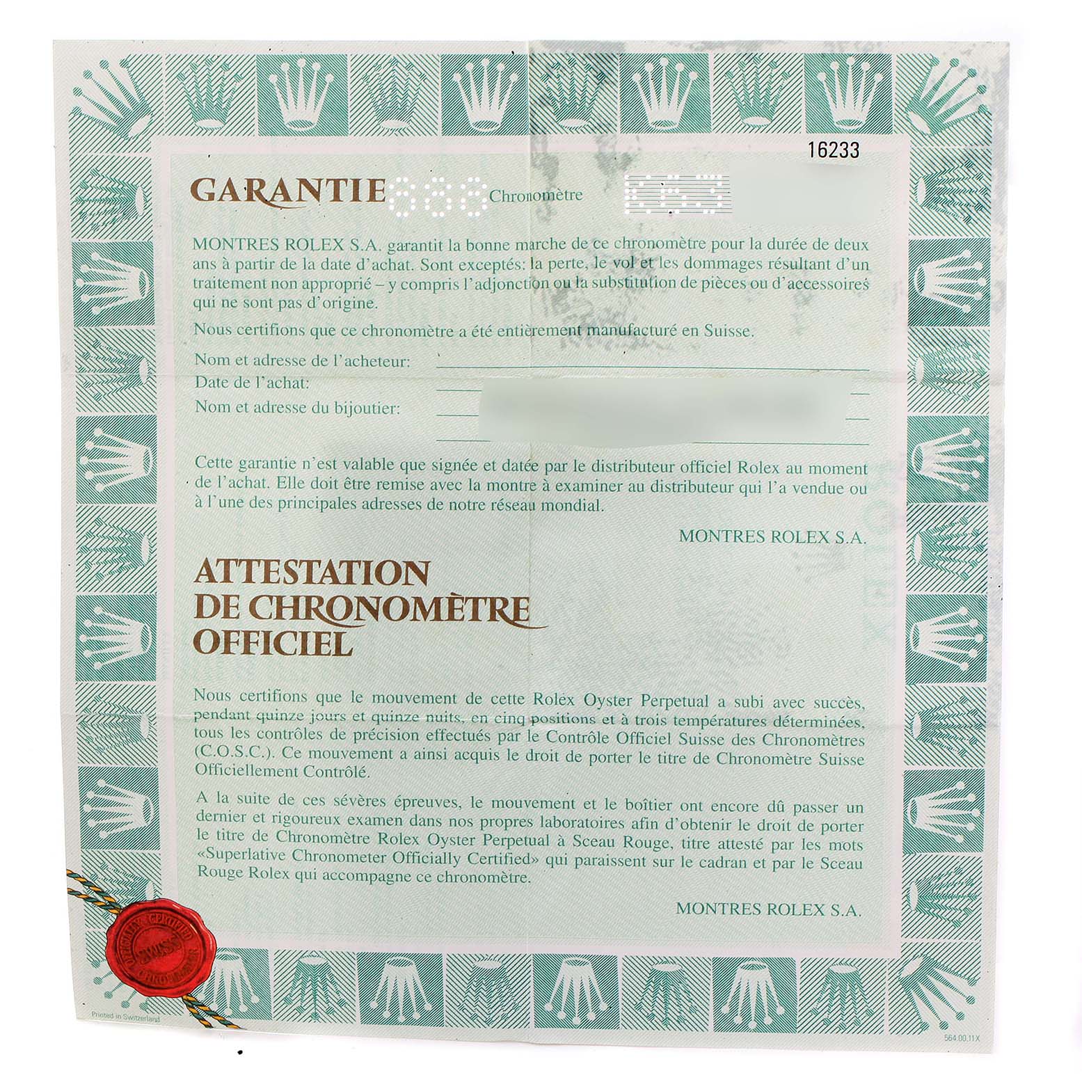 This image shows a warranty certificate for a Rolex Datejust 16233 Men's Steel and Gold (two tone) Mother of Pearl Dial 16233 Men's Steel and Gold (two tone) Mother of Pearl Dial model, including official attestation and company details.