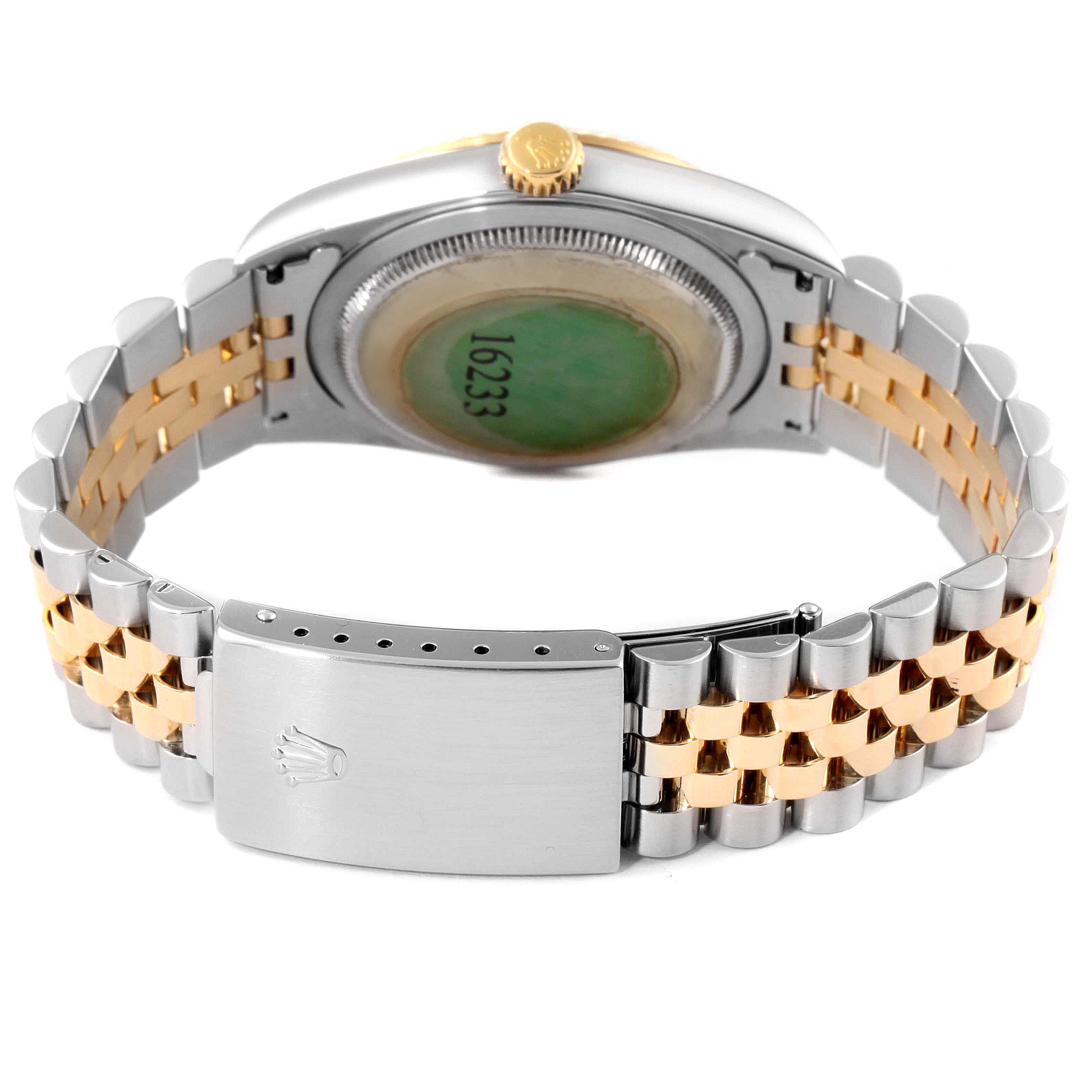 The image shows the back view of a Rolex Datejust 16233 Men's Steel and Gold (two tone) Mother of Pearl Dial 16233 Men's Steel and Gold (two tone) Mother of Pearl Dial watch, focusing on its two-tone Jubilee bracelet and clasp.