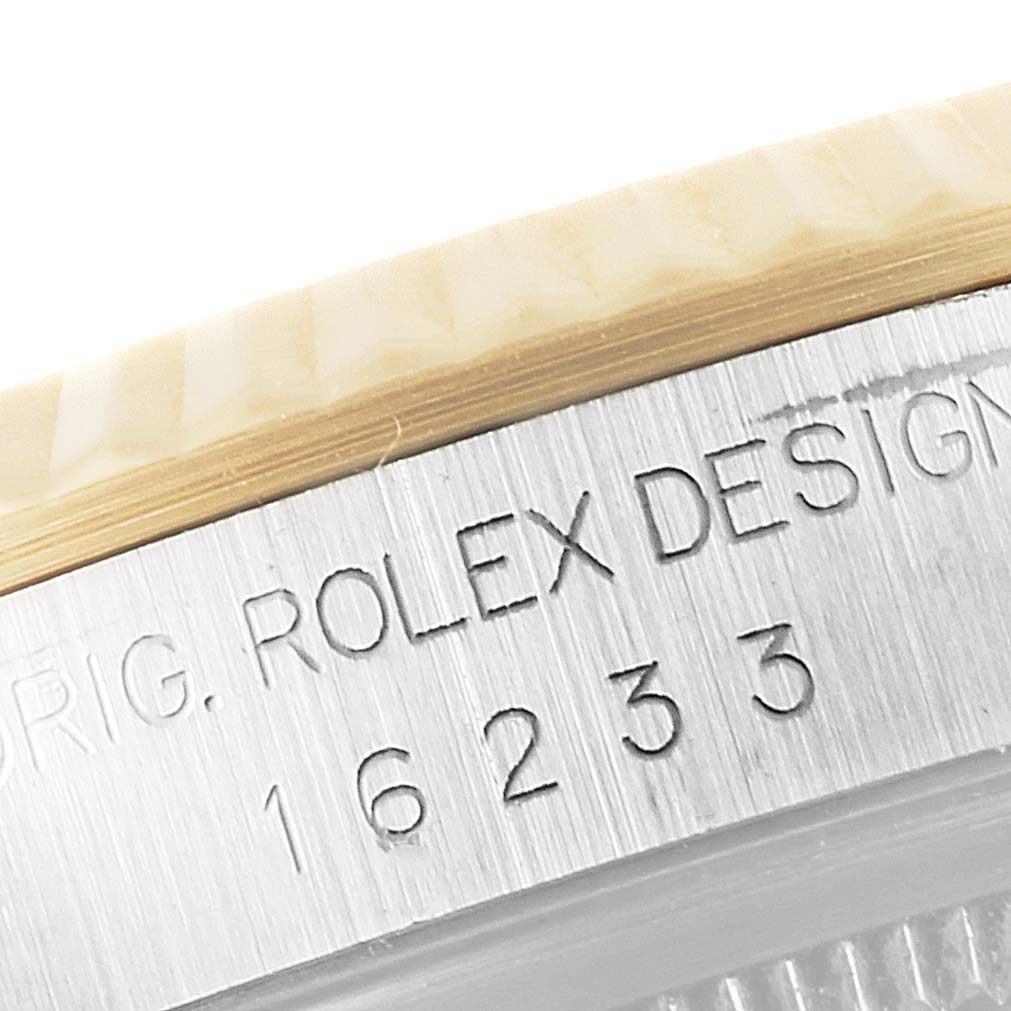 The image shows an engraved side view of a Datejust model by Rolex, highlighting "Rolex Design" and the model number "16233."