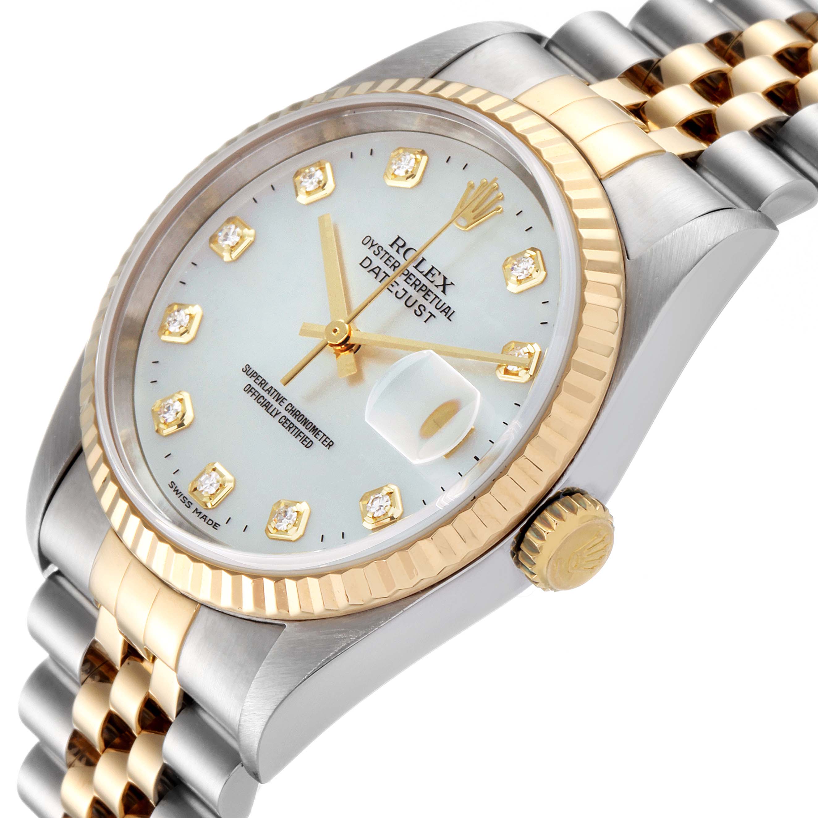 The image shows a close-up angled view of a Rolex Datejust 16233 Men's Steel and Gold (two tone) Mother of Pearl Dial 16233 Men's Steel and Gold (two tone) Mother of Pearl Dial watch, highlighting the face, bezel, and bracelet.
