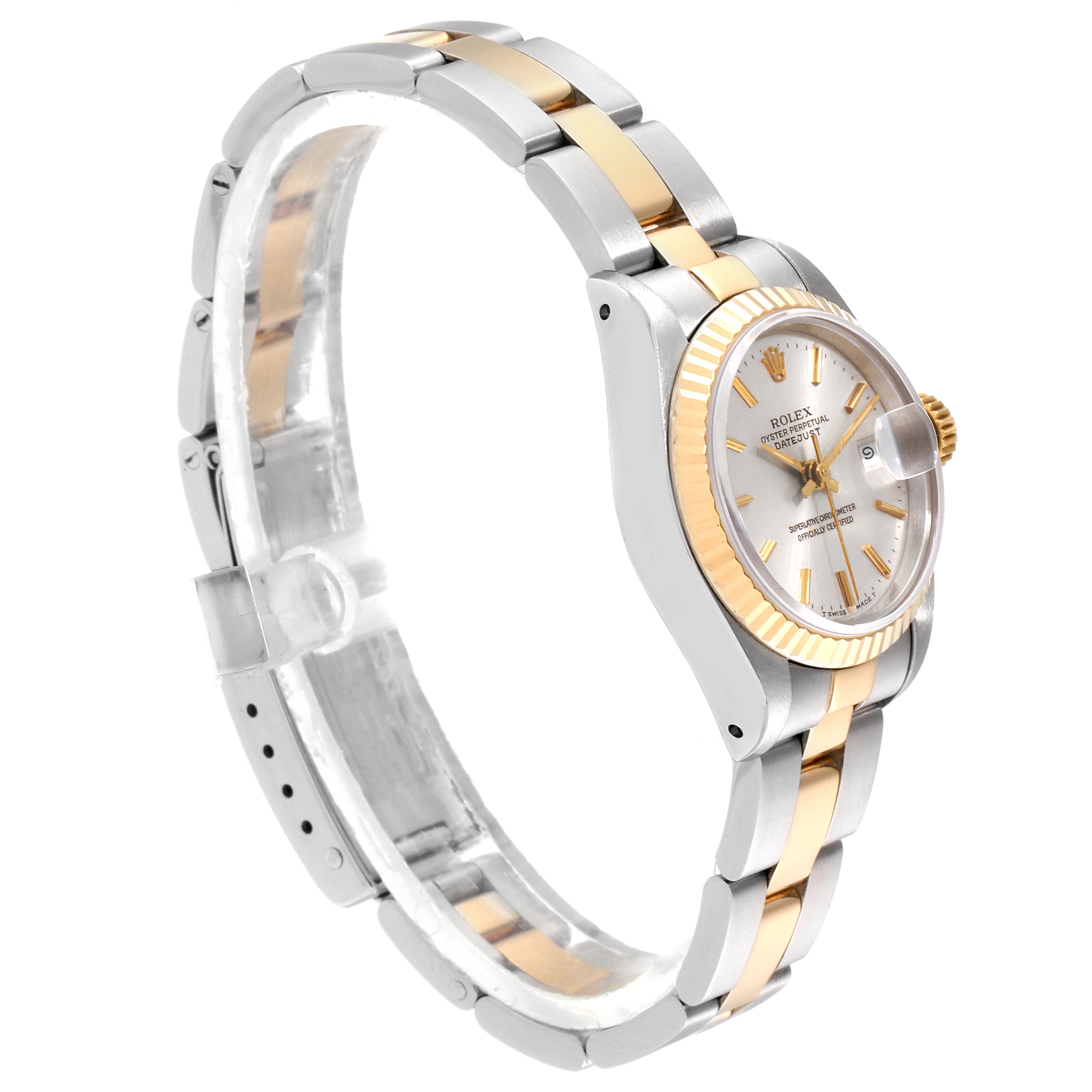 The image shows a side view of a Rolex Datejust 69173 Women
s Steel and Gold (two tone) Silver Dial 69173 Women
s Steel and Gold (two tone) Silver Dial watch, highlighting its two-tone bracelet and fluted bezel.