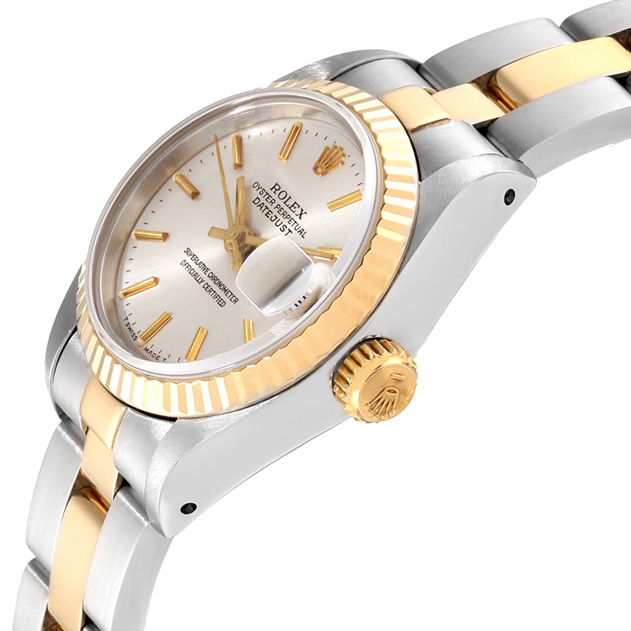 This image shows a side-angle view of a Rolex Datejust 69173 Women
s Steel and Gold (two tone) Silver Dial 69173 Women
s Steel and Gold (two tone) Silver Dial, highlighting the bezel, dial, crown, and part of the bracelet.