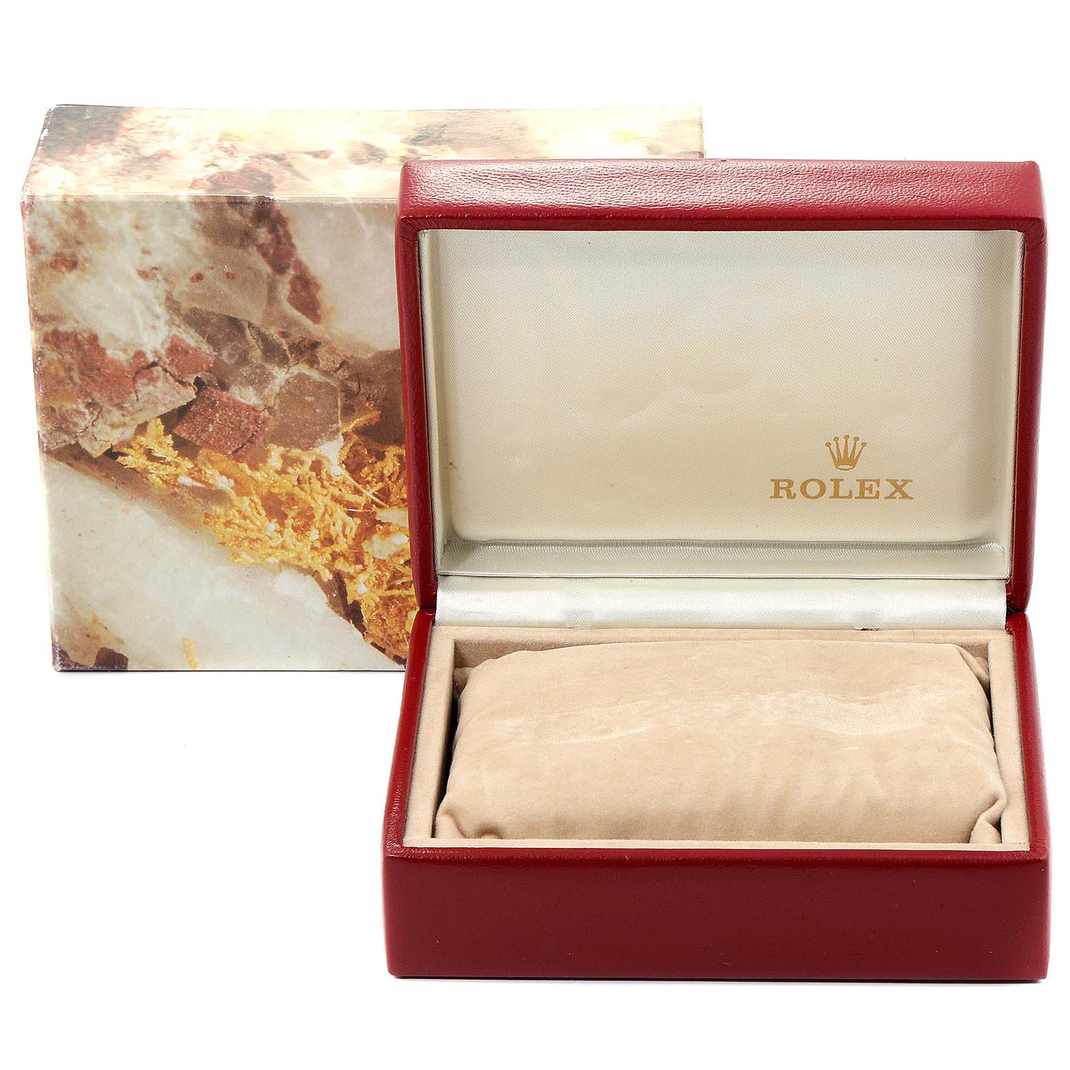 The image shows the open box and cushion for a Rolex Datejust 69173 Women
s Steel and Gold (two tone) Silver Dial 69173 Women
s Steel and Gold (two tone) Silver Dial watch, with the Rolex logo inside the lid.