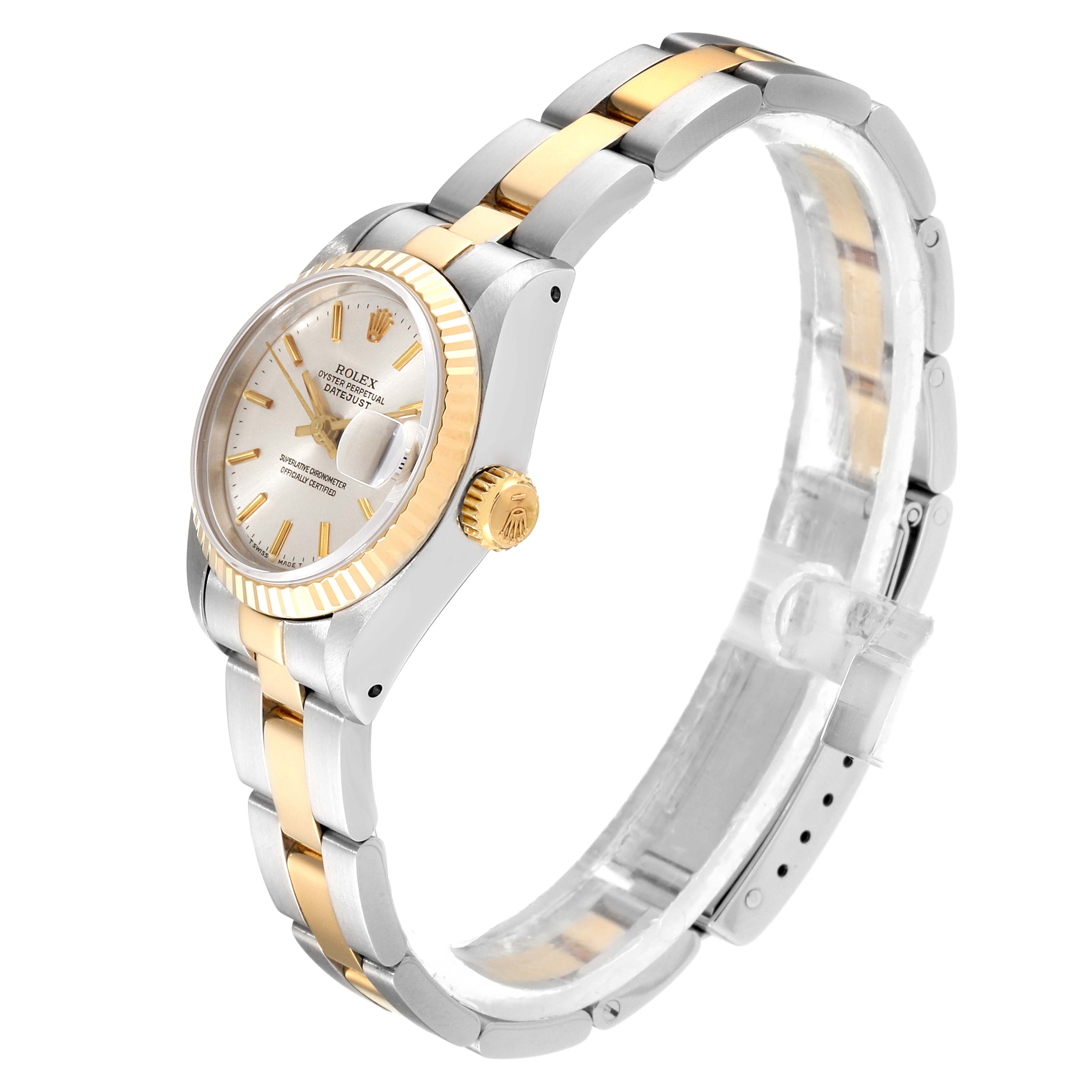 This image shows a side profile of a Rolex Datejust 69173 Women
s Steel and Gold (two tone) Silver Dial 69173 Women
s Steel and Gold (two tone) Silver Dial watch, highlighting the watch face, case, crown, and bracelet.