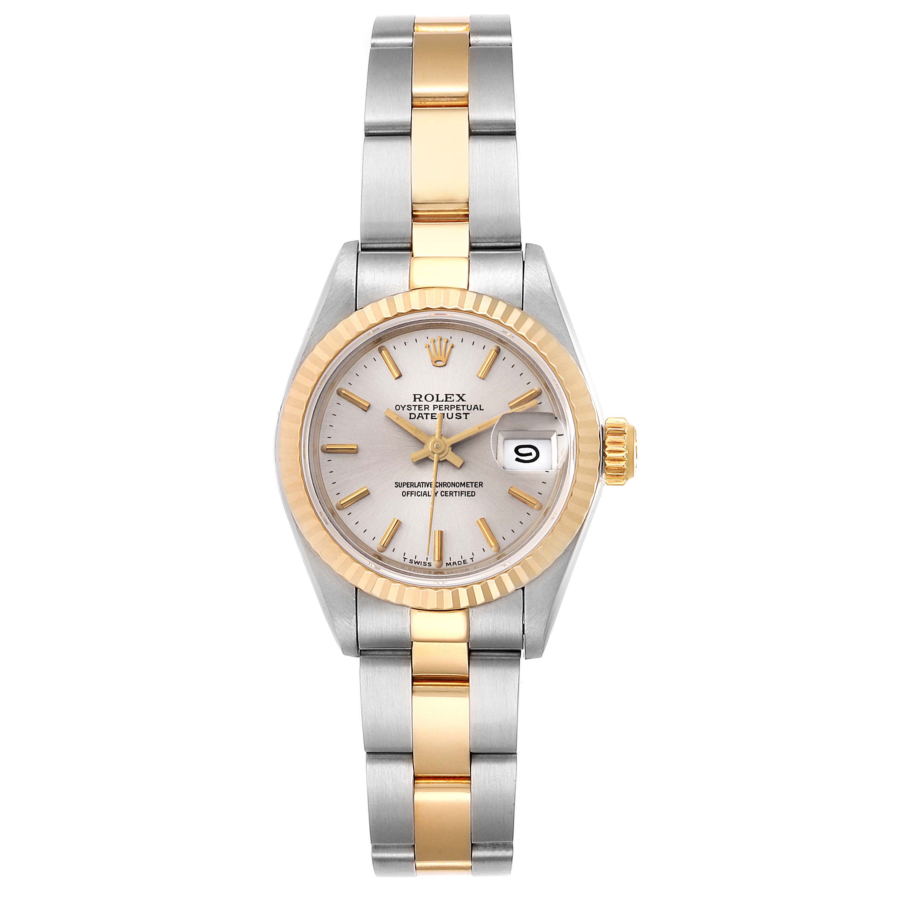 The image displays a Rolex Datejust 69173 Women
s Steel and Gold (two tone) Silver Dial 69173 Women
s Steel and Gold (two tone) Silver Dial watch from a front angle, showcasing the bezel, dial, and bracelet.