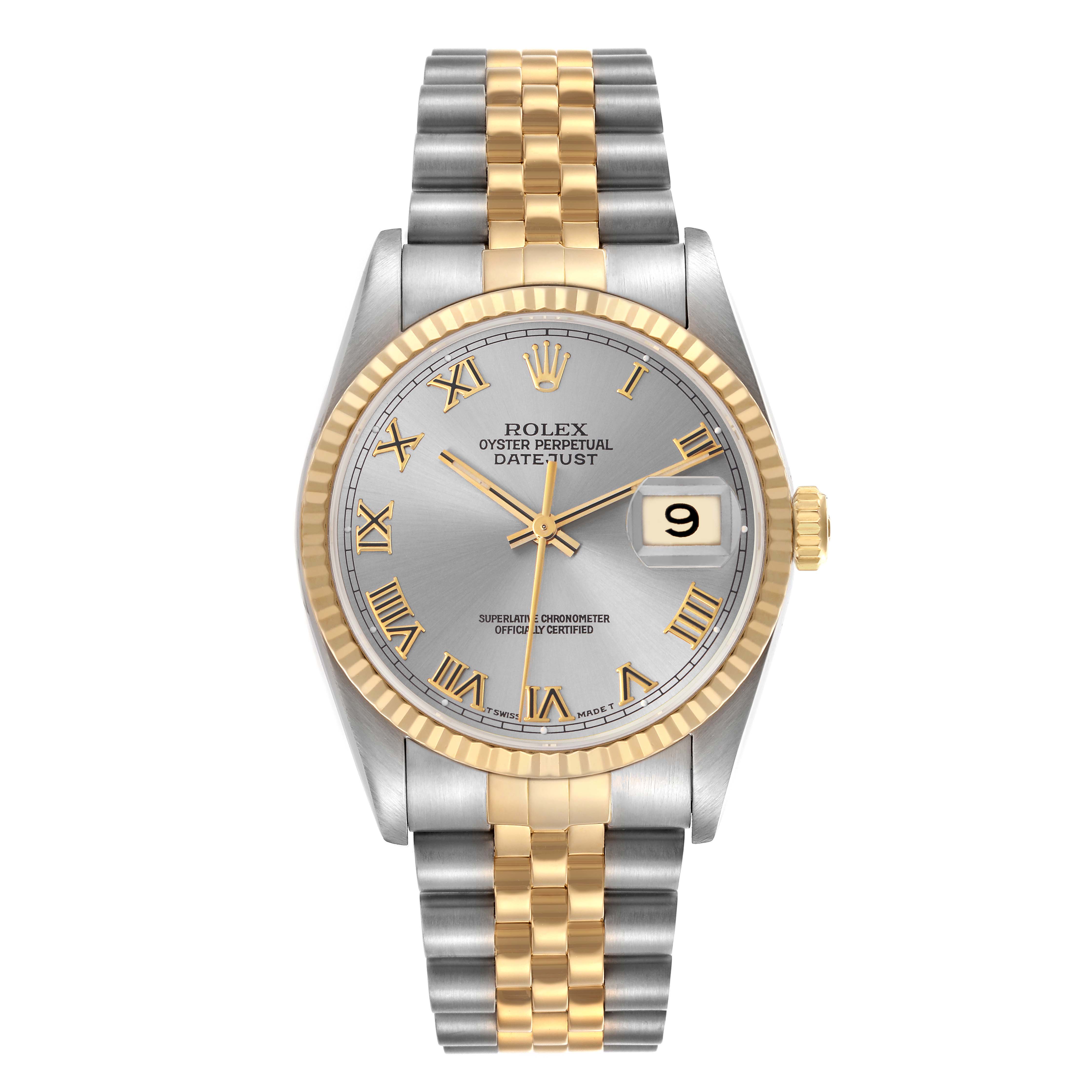 This Rolex Datejust 16233 Men's Steel and Gold (two tone) Silver Dial 16233 Men's Steel and Gold (two tone) Silver Dial watch is shown from a front angle, highlighting its dial, bezel, and bracelet.
