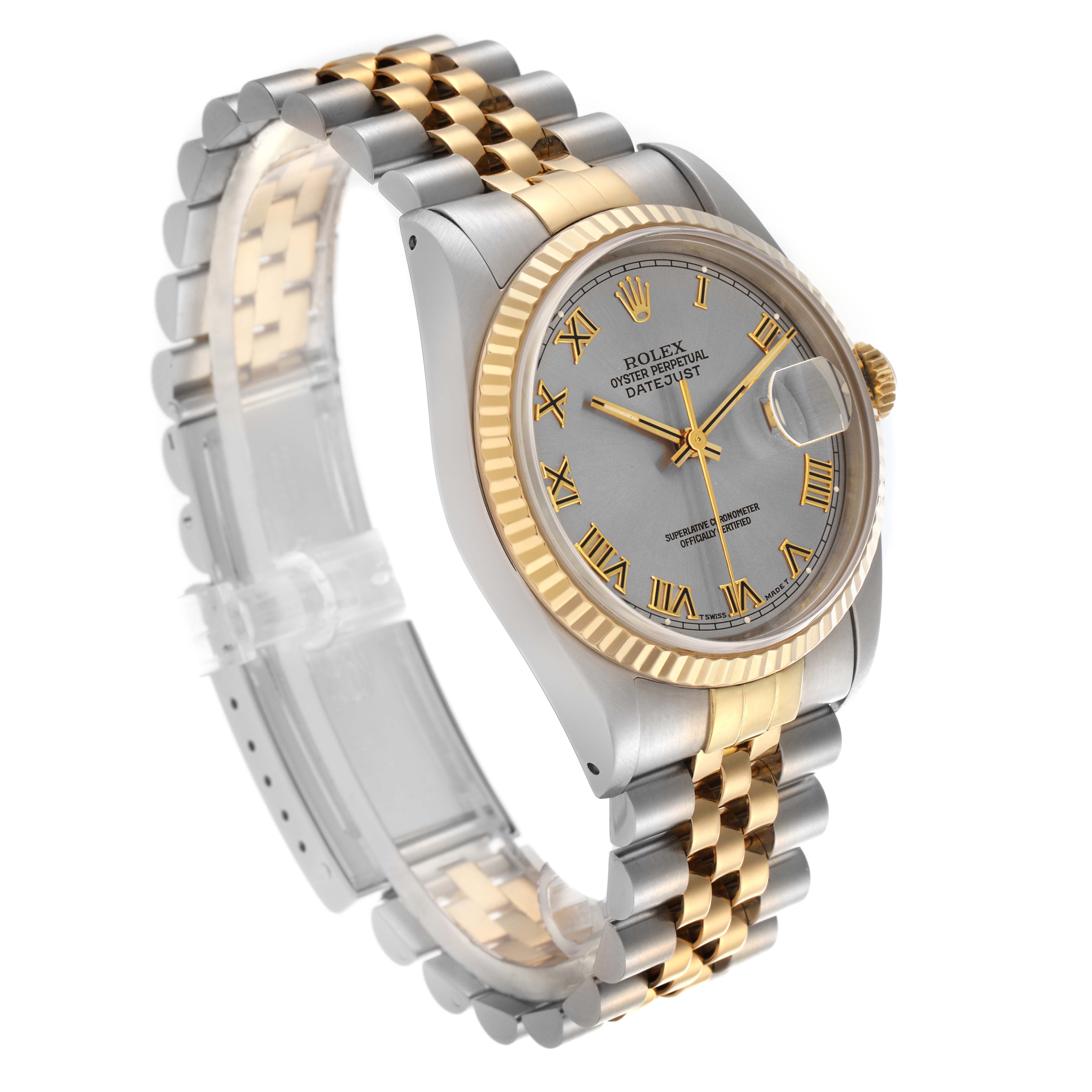 The Rolex Datejust 16233 Men's Steel and Gold (two tone) Silver Dial 16233 Men's Steel and Gold (two tone) Silver Dial watch is shown at a three-quarter angle, highlighting the dial, fluted bezel, and two-tone bracelet.