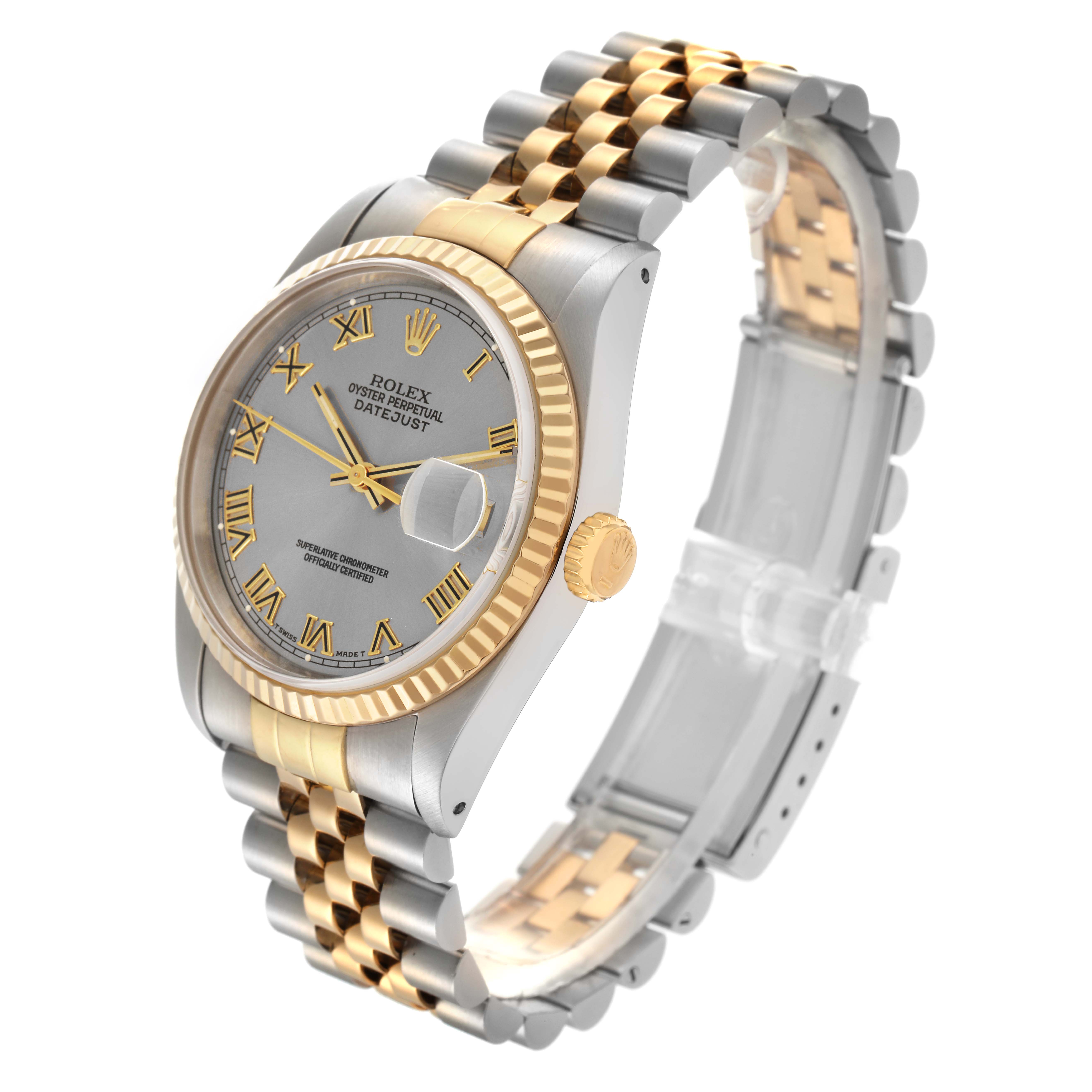 The Rolex Datejust 16233 Men's Steel and Gold (two tone) Silver Dial 16233 Men's Steel and Gold (two tone) Silver Dial is shown at a three-quarter angle, highlighting the bezel, dial, bracelet, and crown.