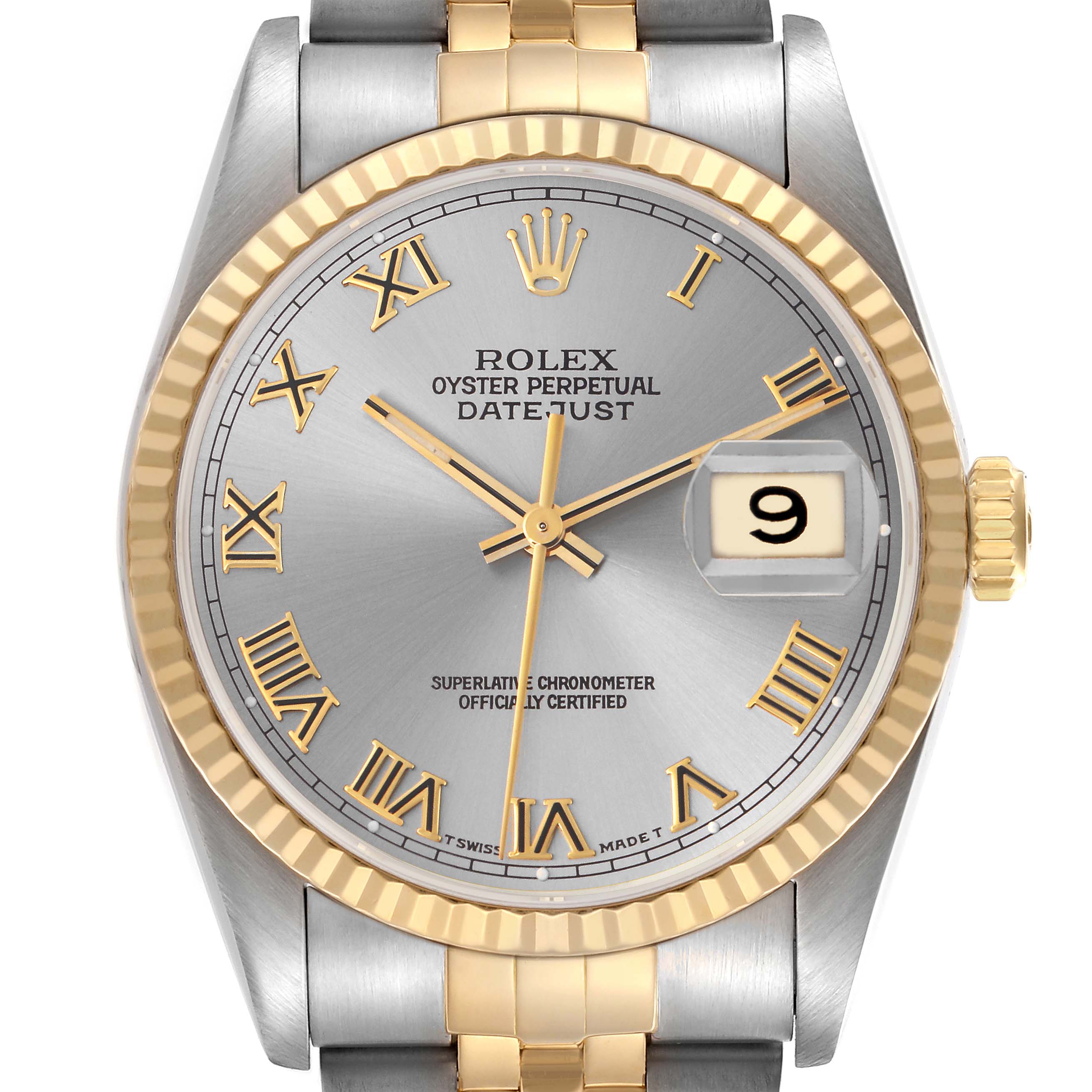 The Rolex Datejust 16233 Men's Steel and Gold (two tone) Silver Dial 16233 Men's Steel and Gold (two tone) Silver Dial watch is shown from the front, featuring its dial, gold fluted bezel, and two-tone bracelet.