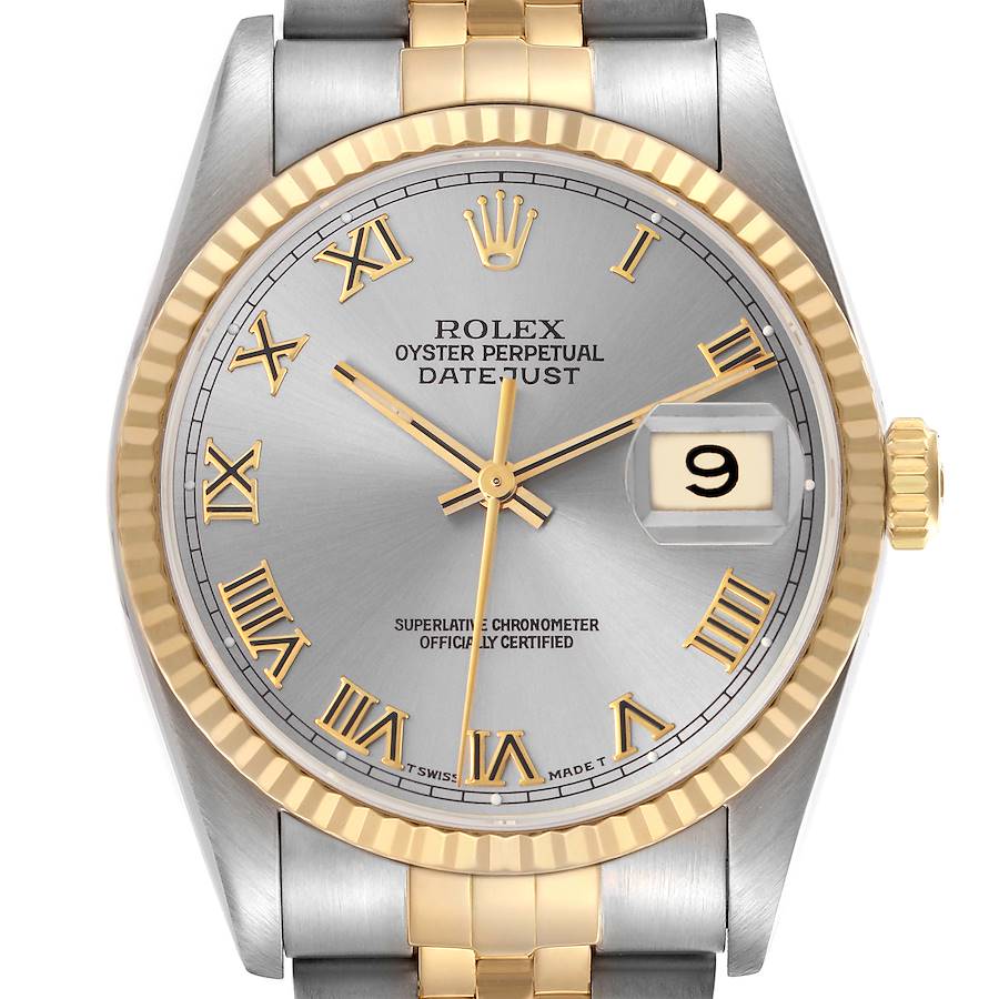 The Rolex Datejust watch is shown from the front, featuring its dial, gold fluted bezel, and two-tone bracelet.
