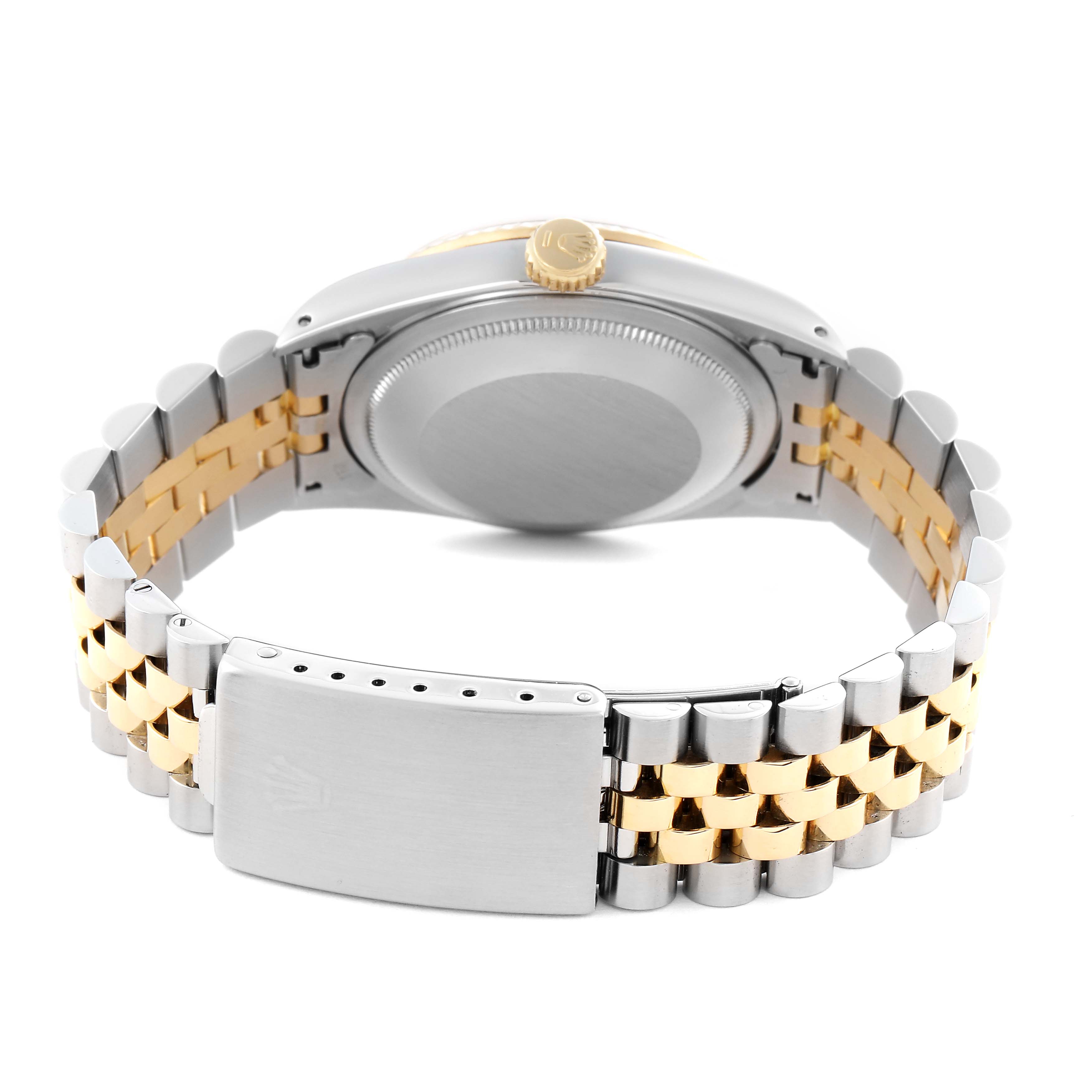 The Rolex Datejust 16233 Men's Steel and Gold (two tone) Silver Dial 16233 Men's Steel and Gold (two tone) Silver Dial watch is shown from the back, highlighting its two-tone bracelet and closed clasp.