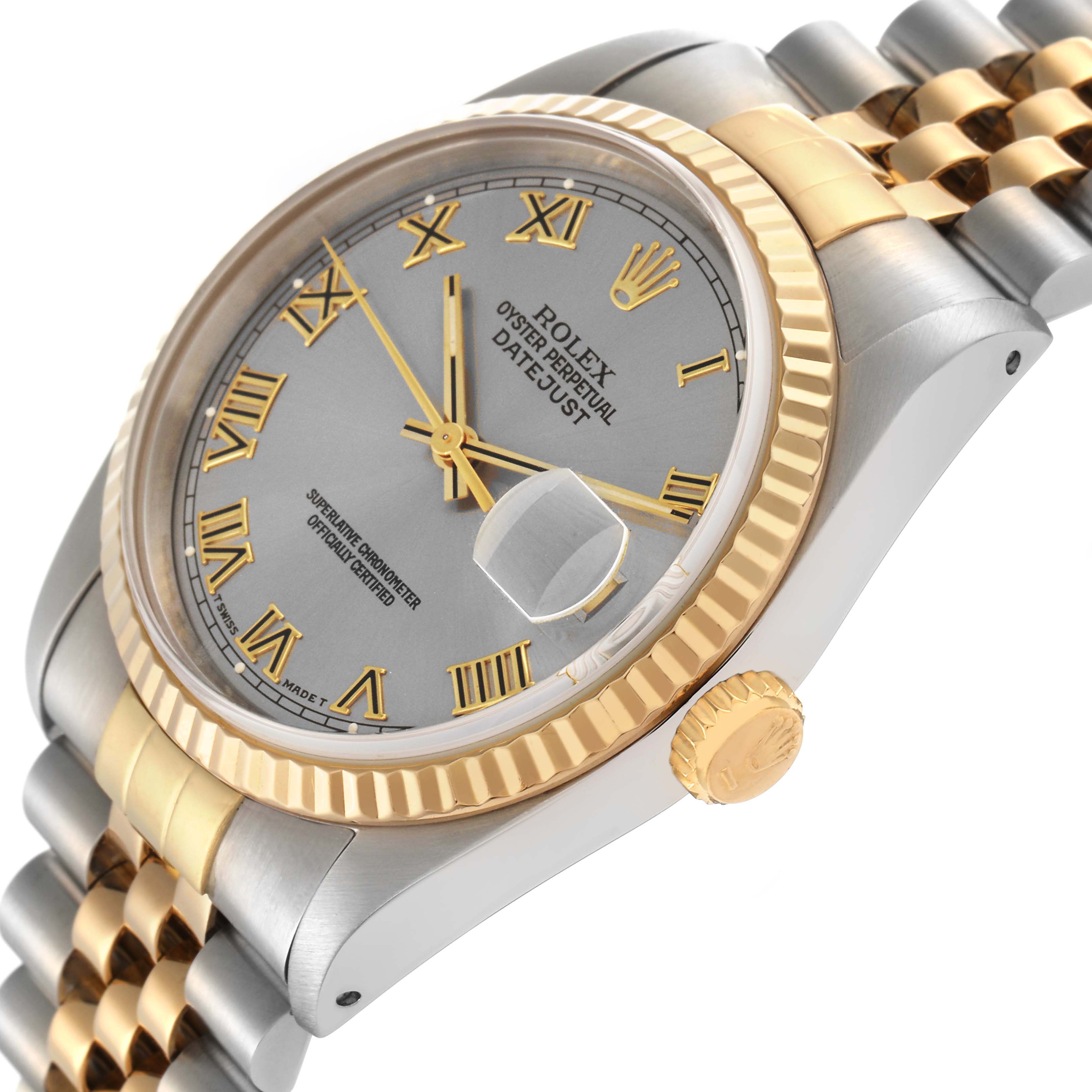 The Rolex Datejust 16233 Men's Steel and Gold (two tone) Silver Dial 16233 Men's Steel and Gold (two tone) Silver Dial is shown at an angle displaying the dial, bezel, crown, and bracelet in stainless steel and gold.