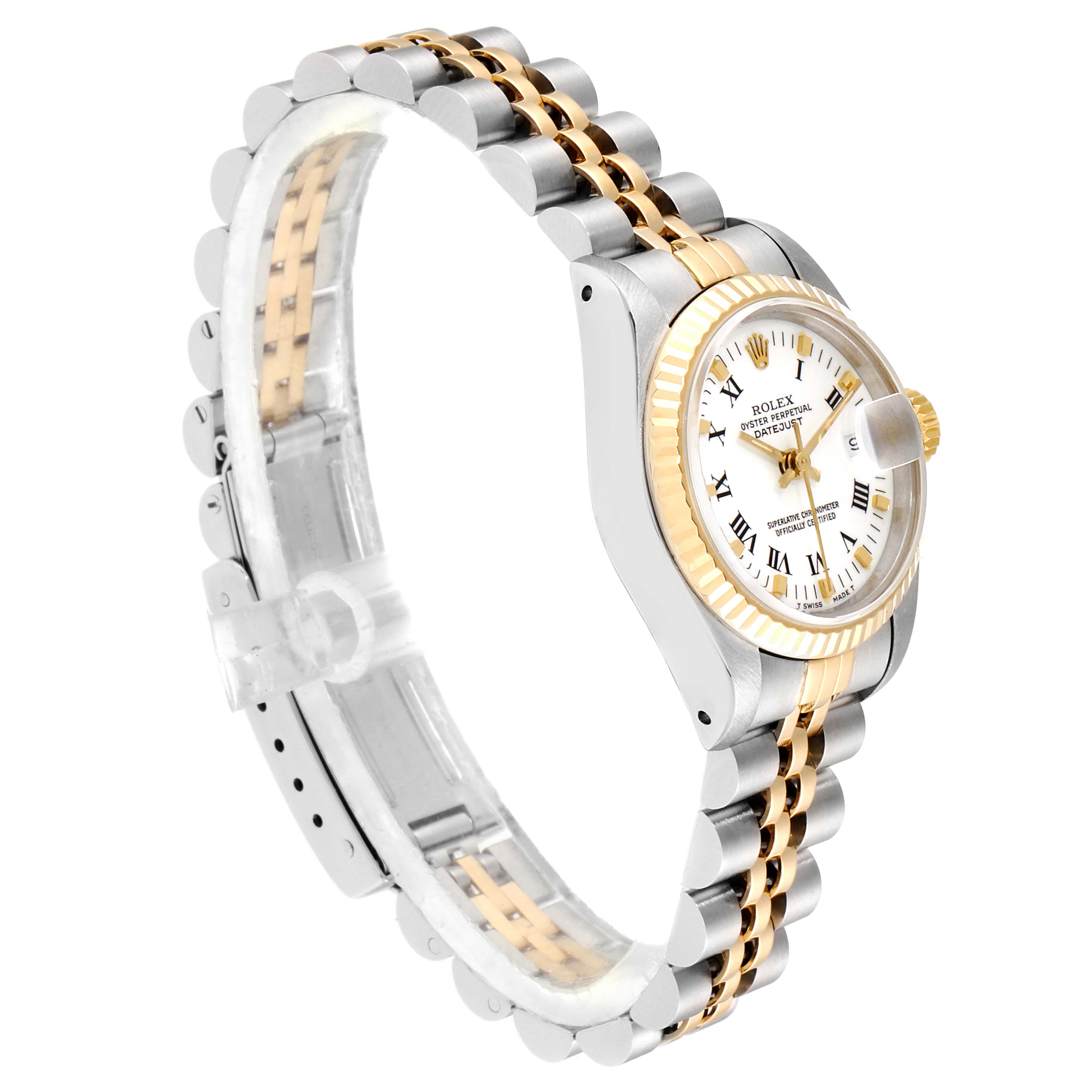 This image shows a Rolex Datejust 69173 Women
s Steel and Gold (two tone) White Dial 69173 Women
s Steel and Gold (two tone) White Dial watch at a side angle, highlighting its bezel, dial, and bracelet.