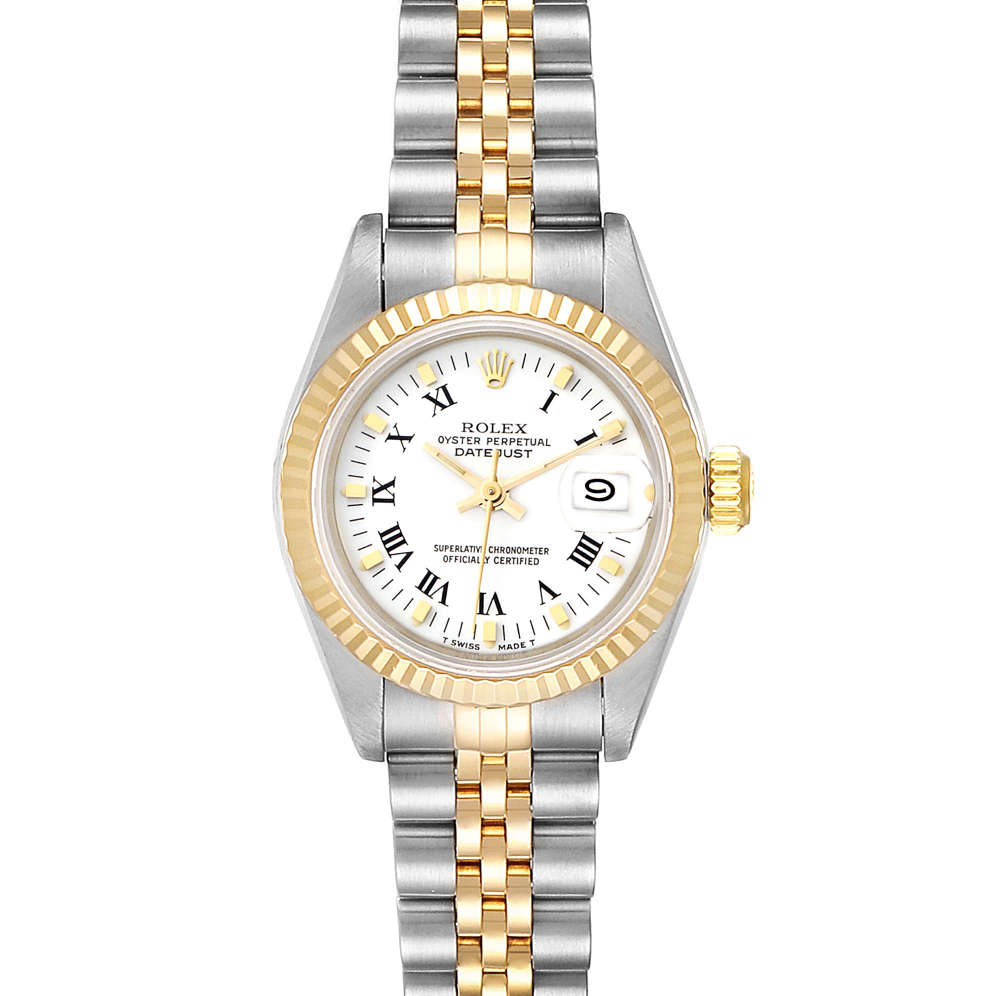 This image shows a Rolex Datejust 69173 Women
s Steel and Gold (two tone) White Dial 69173 Women
s Steel and Gold (two tone) White Dial watch from a top-down angle, highlighting its dial, bezel, and two-tone bracelet.