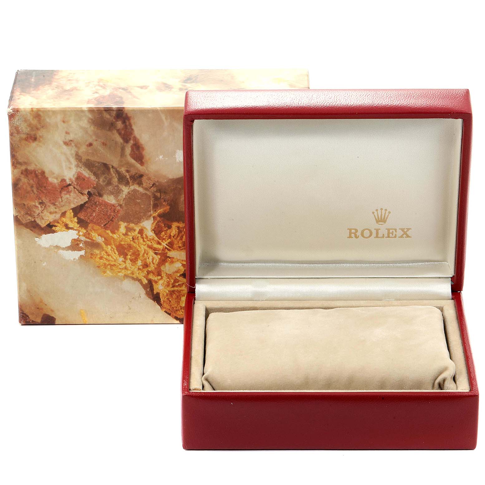 The image shows the open case for a Rolex Datejust 69173 Women
s Steel and Gold (two tone) White Dial 69173 Women
s Steel and Gold (two tone) White Dial watch, with an outer box in the background.