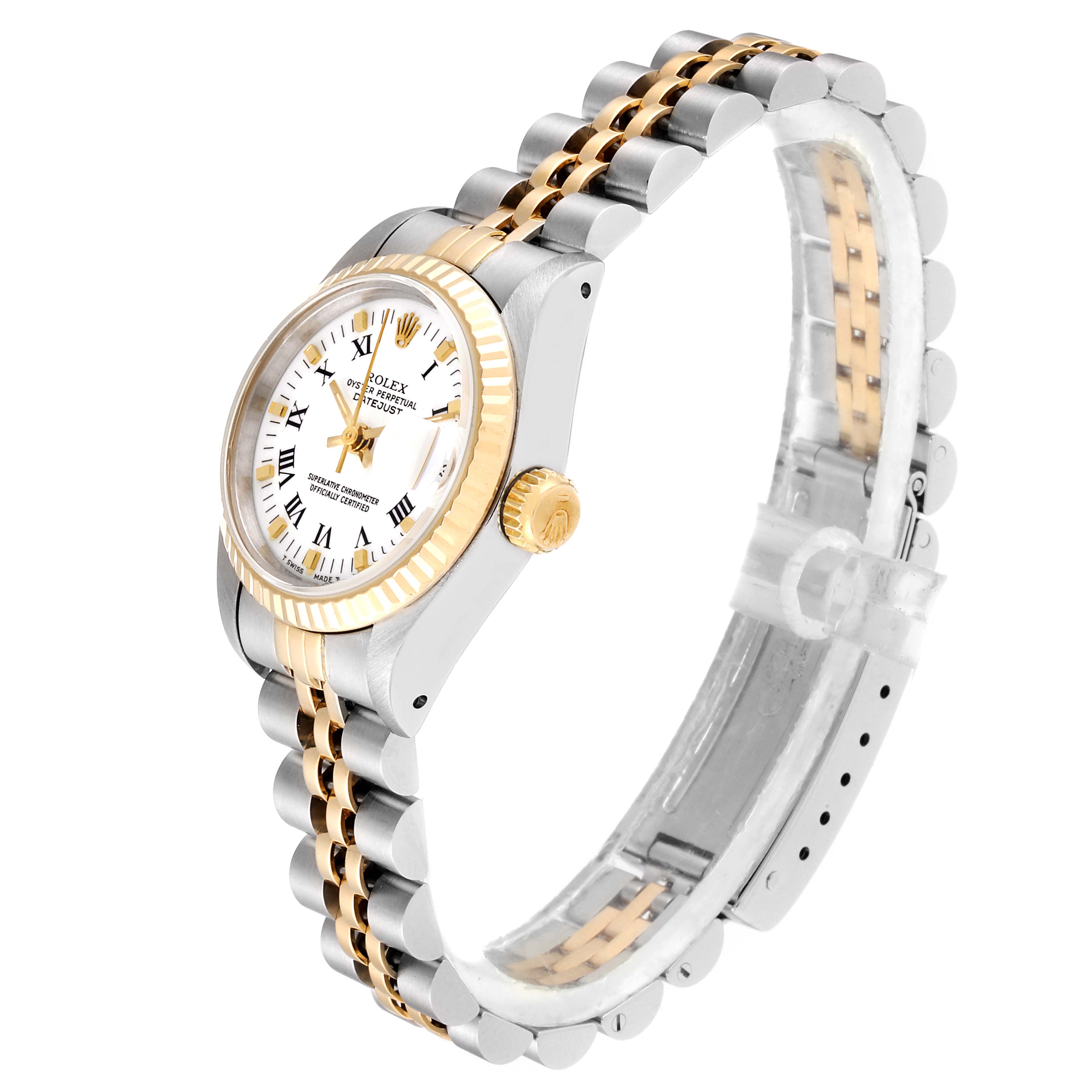 The Rolex Datejust 69173 Women
s Steel and Gold (two tone) White Dial 69173 Women
s Steel and Gold (two tone) White Dial watch is shown from a side angle, featuring its two-tone bracelet, white dial, and fluted bezel.
