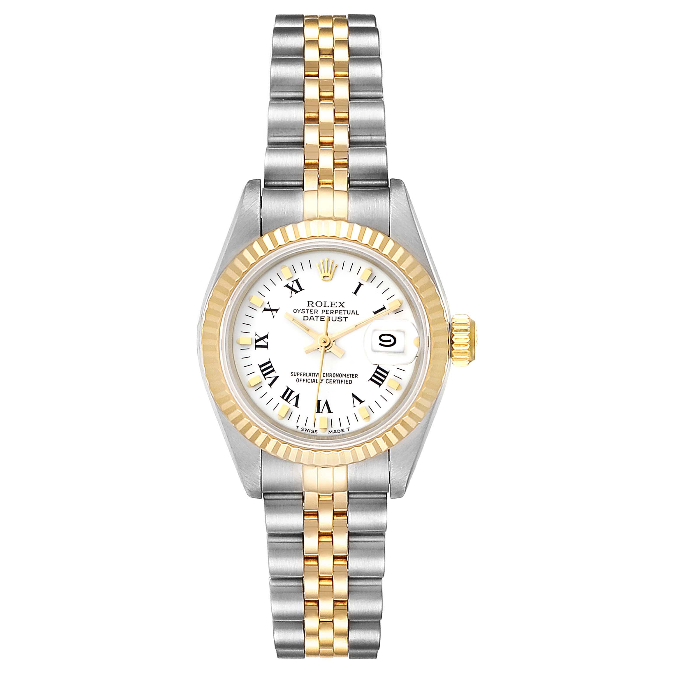 The image shows a front view of a Rolex Datejust 69173 Women
s Steel and Gold (two tone) White Dial 69173 Women
s Steel and Gold (two tone) White Dial watch, featuring a white dial, gold fluted bezel, and a two-tone metal bracelet.