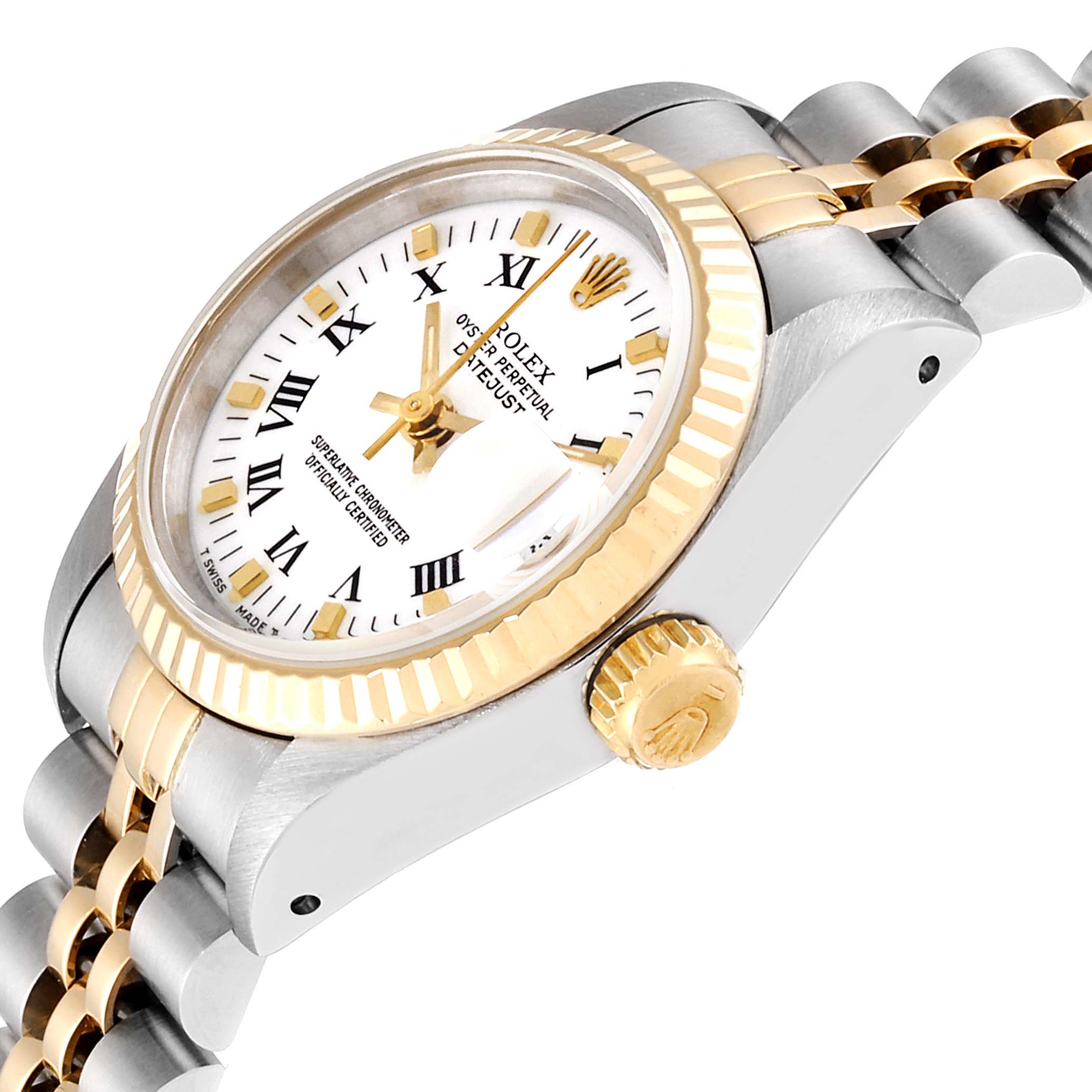 The image shows a side angle of the Rolex Datejust 69173 Women
s Steel and Gold (two tone) White Dial 69173 Women
s Steel and Gold (two tone) White Dial, highlighting its crown, bezel, and part of the bracelet.