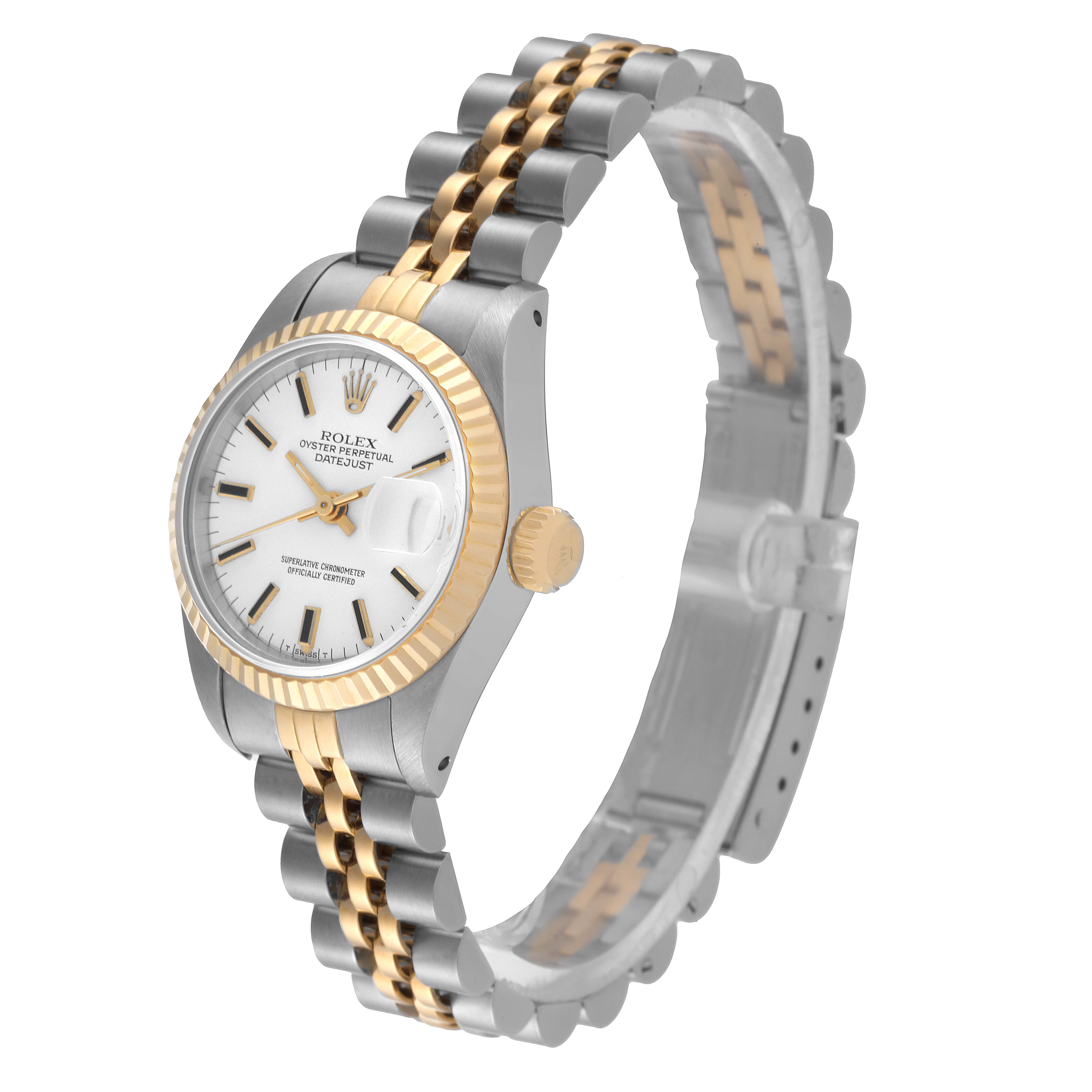 The image shows a Rolex Datejust 69173 Women's Steel and Gold (two tone) White Dial 69173 Women's Steel and Gold (two tone) White Dial watch at a three-quarter angle, showcasing its dial, bezel, crown, and two-tone bracelet.